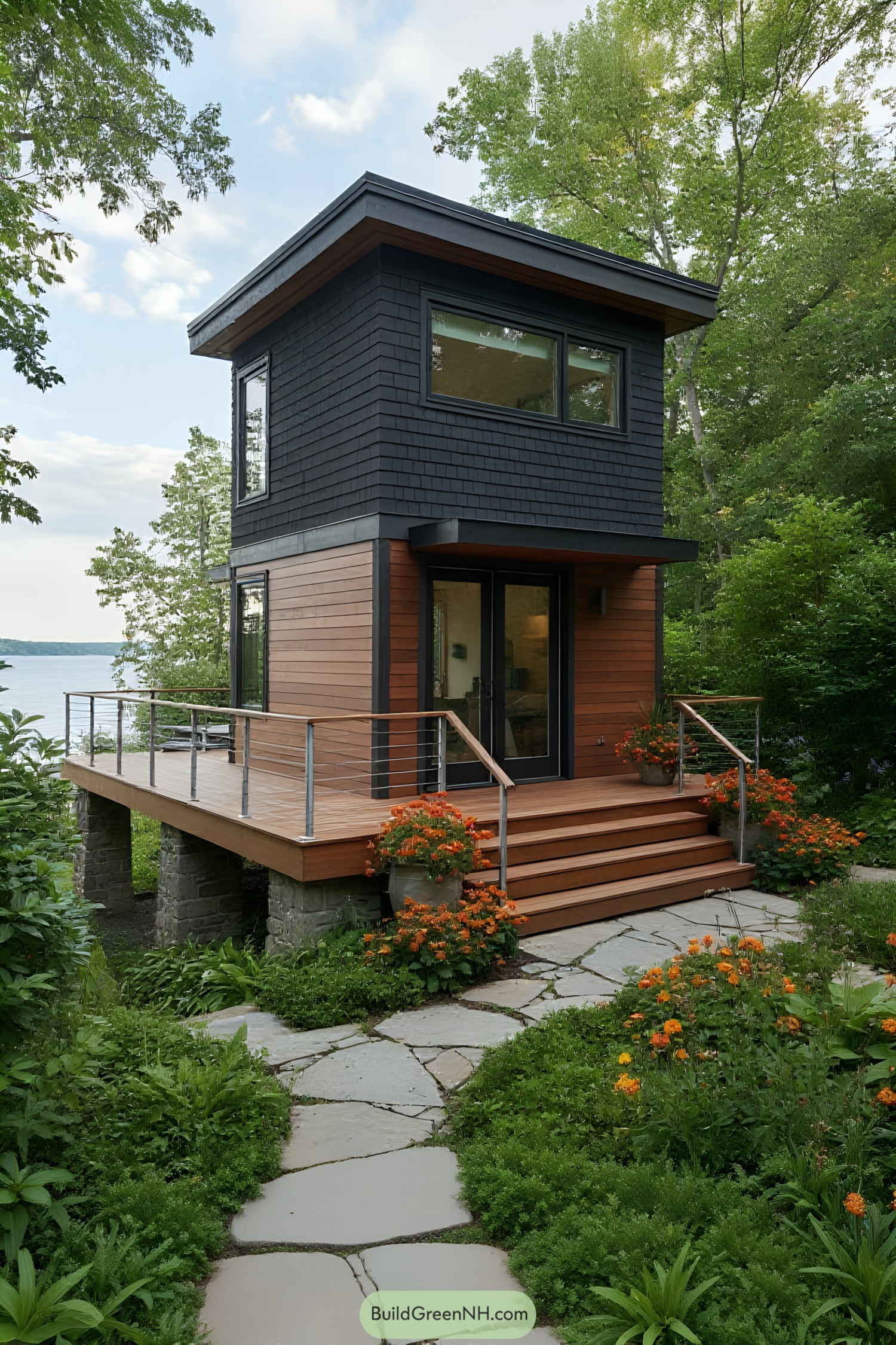Modern tiny house with deck and flowers
