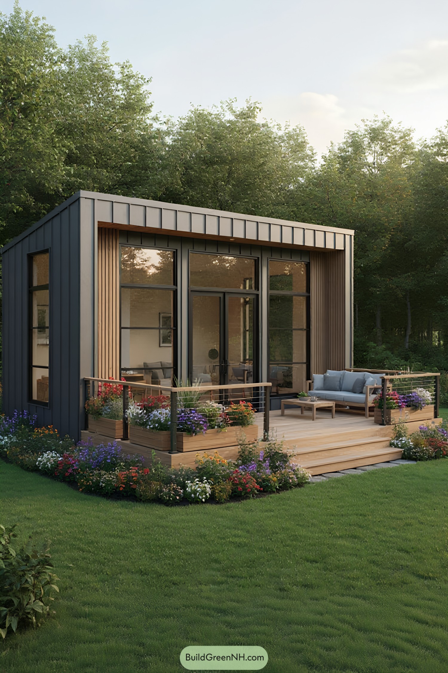 Tiny modern house with a deck and flower garden