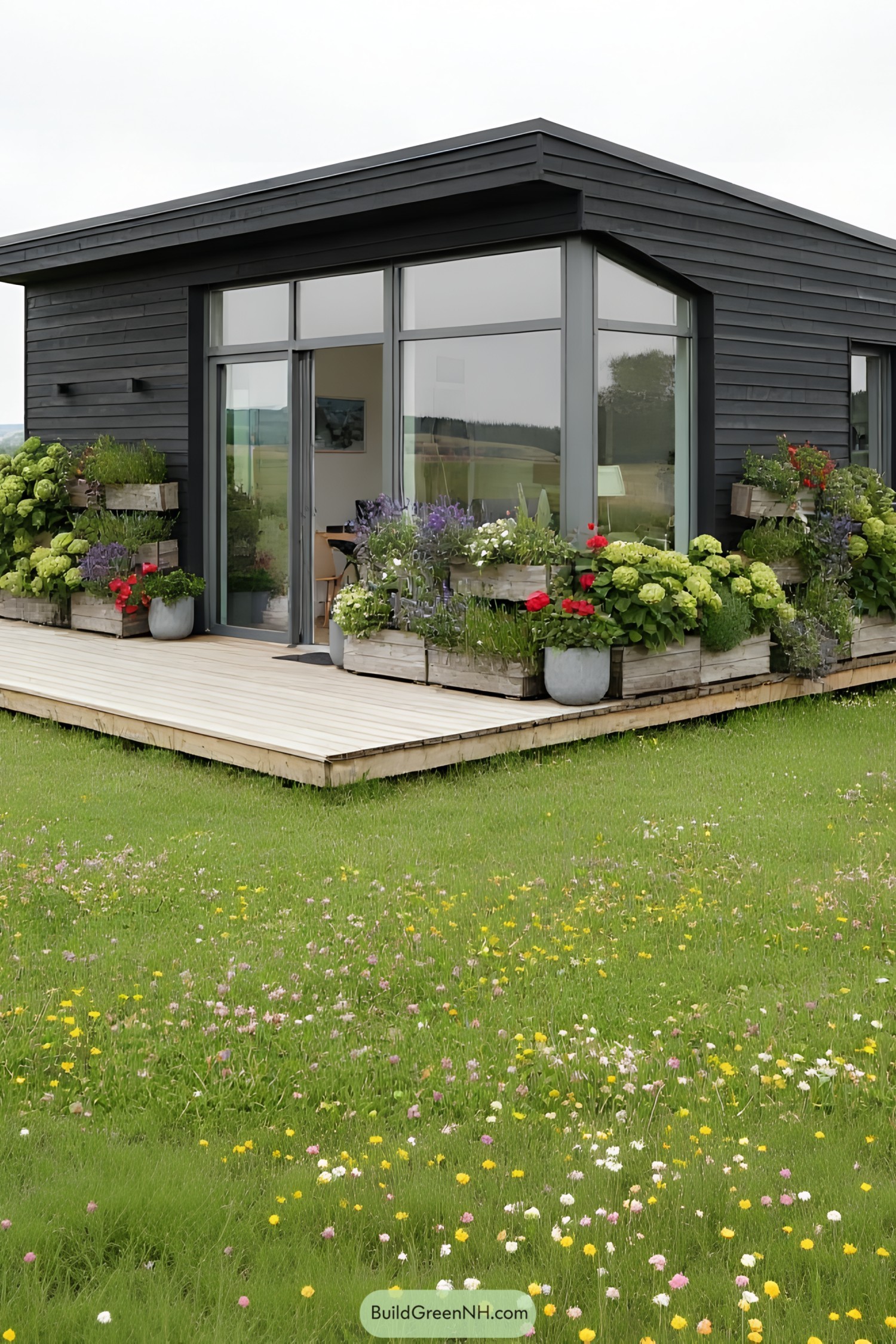 Small modern house with a wooden deck and vibrant flower arrangements