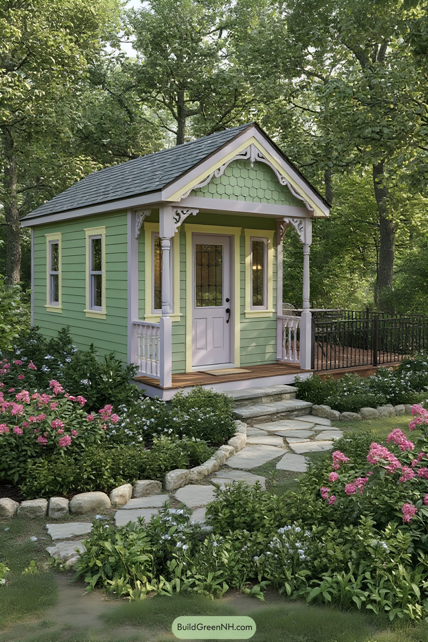 Charming tiny house with lush flowers and a quaint deck