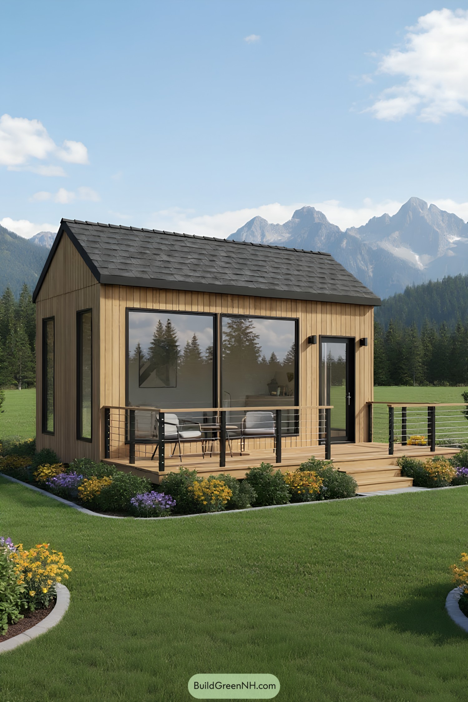 Tiny house with wooden deck and garden