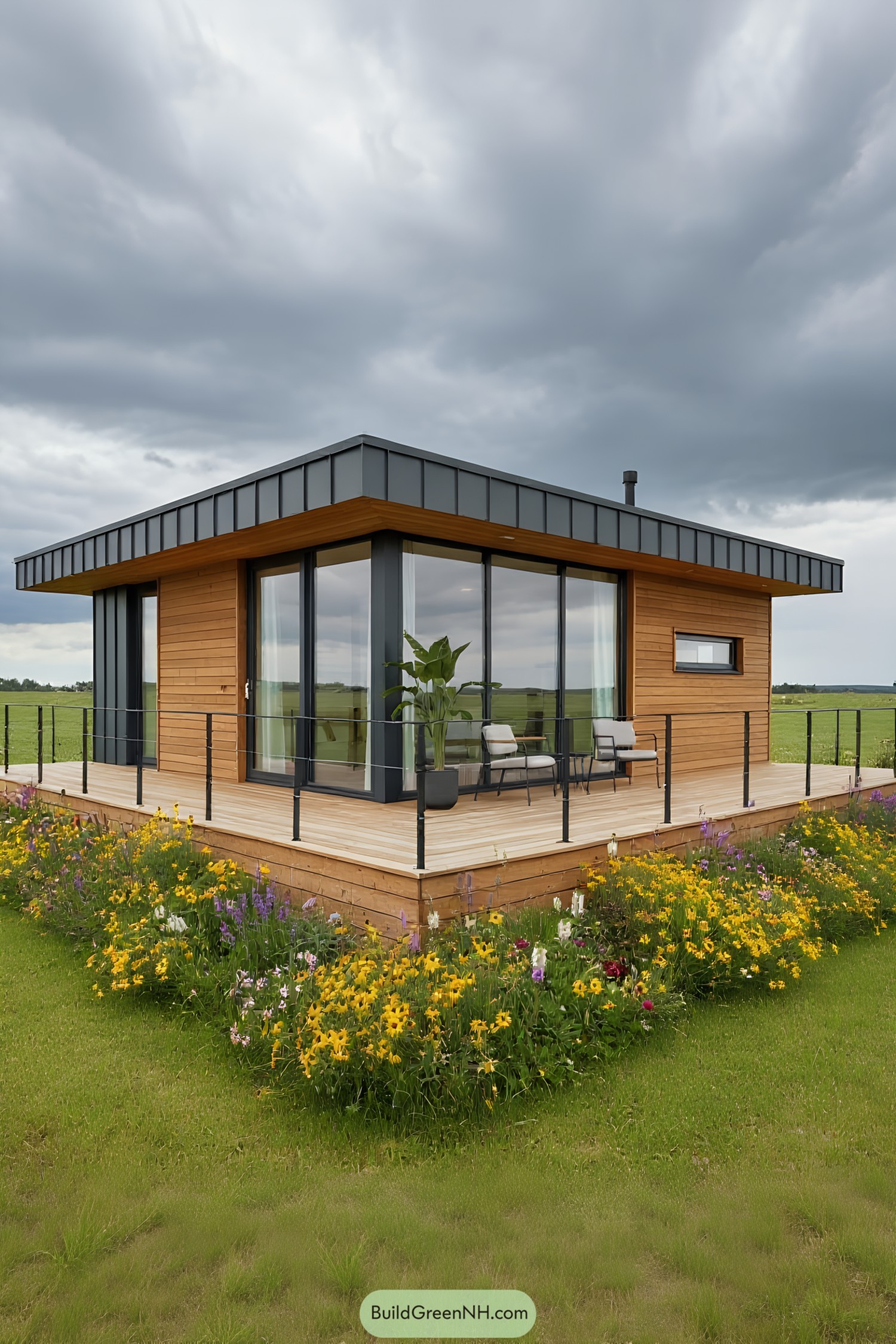 Tiny house with a wraparound deck and colorful garden