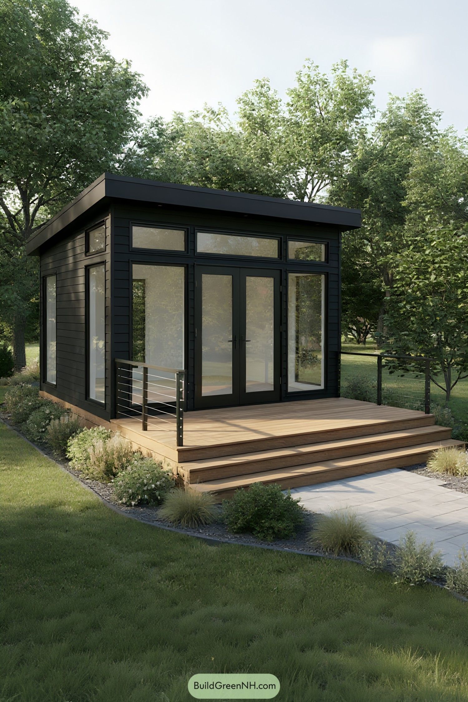 Compact modern house with a deck and lush garden