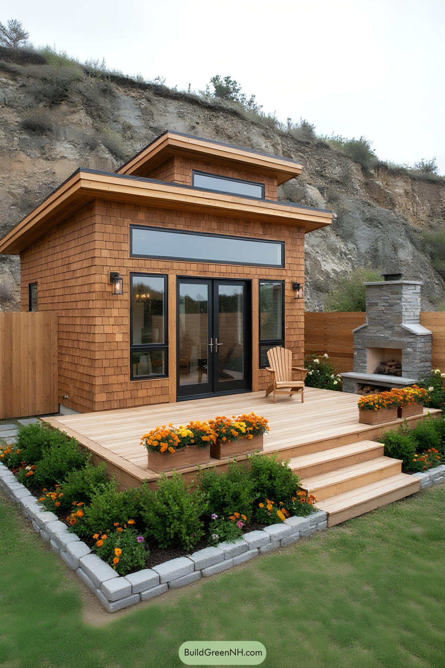 Tiny house with wooden deck and colorful flowers