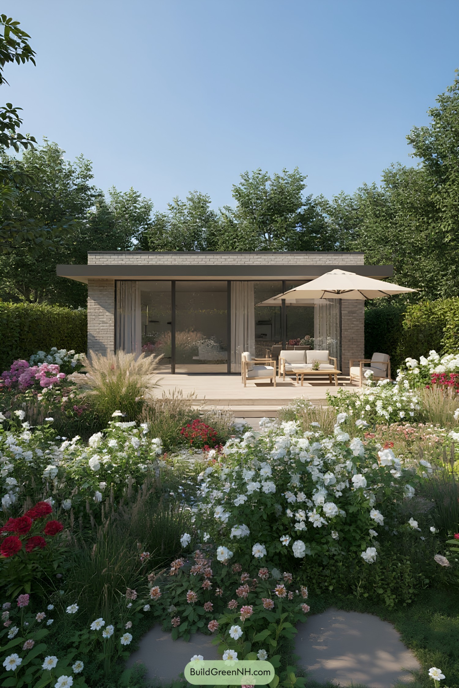 Modern tiny house with a wooden deck and lush garden