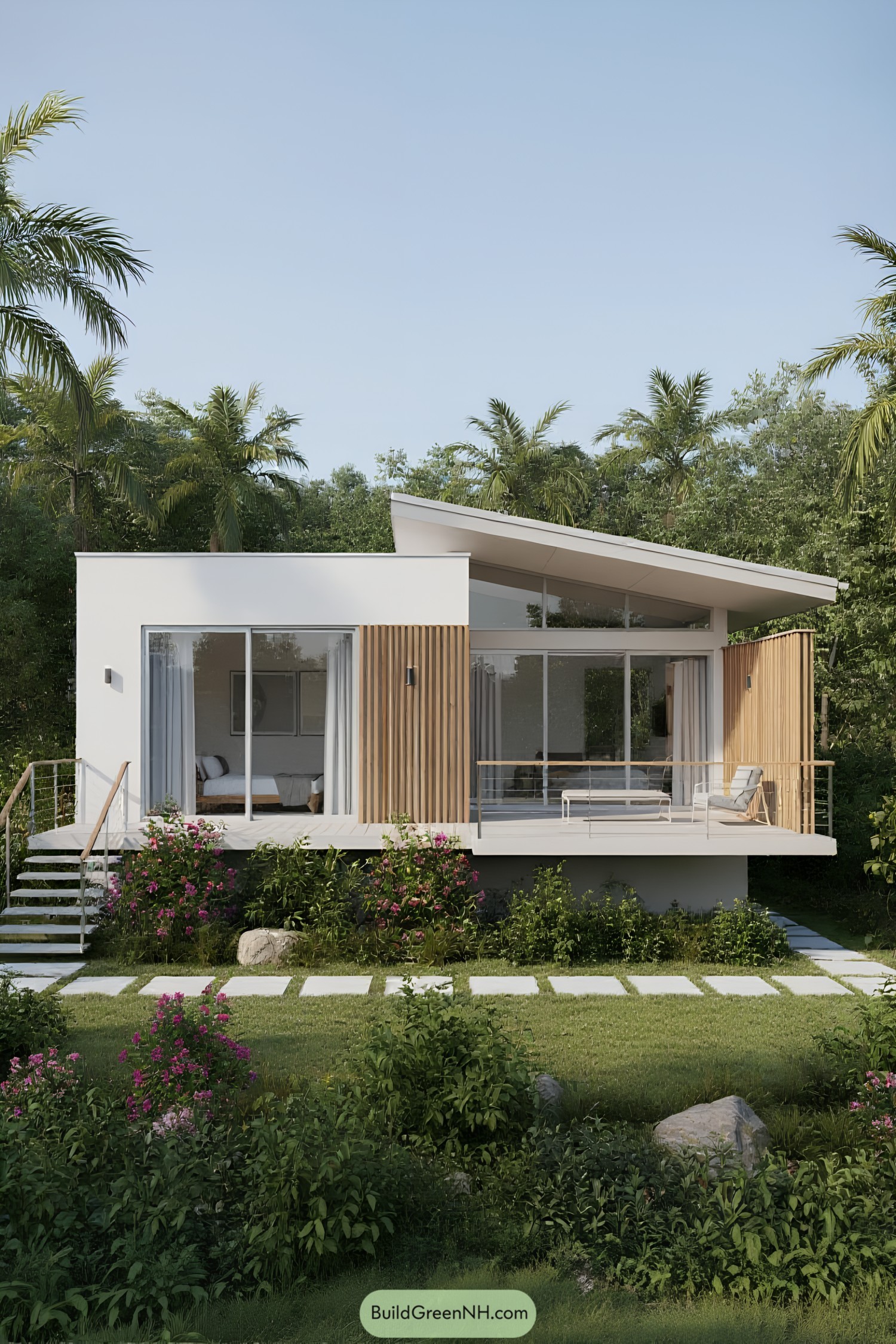Tiny house with a modern deck and flower garden