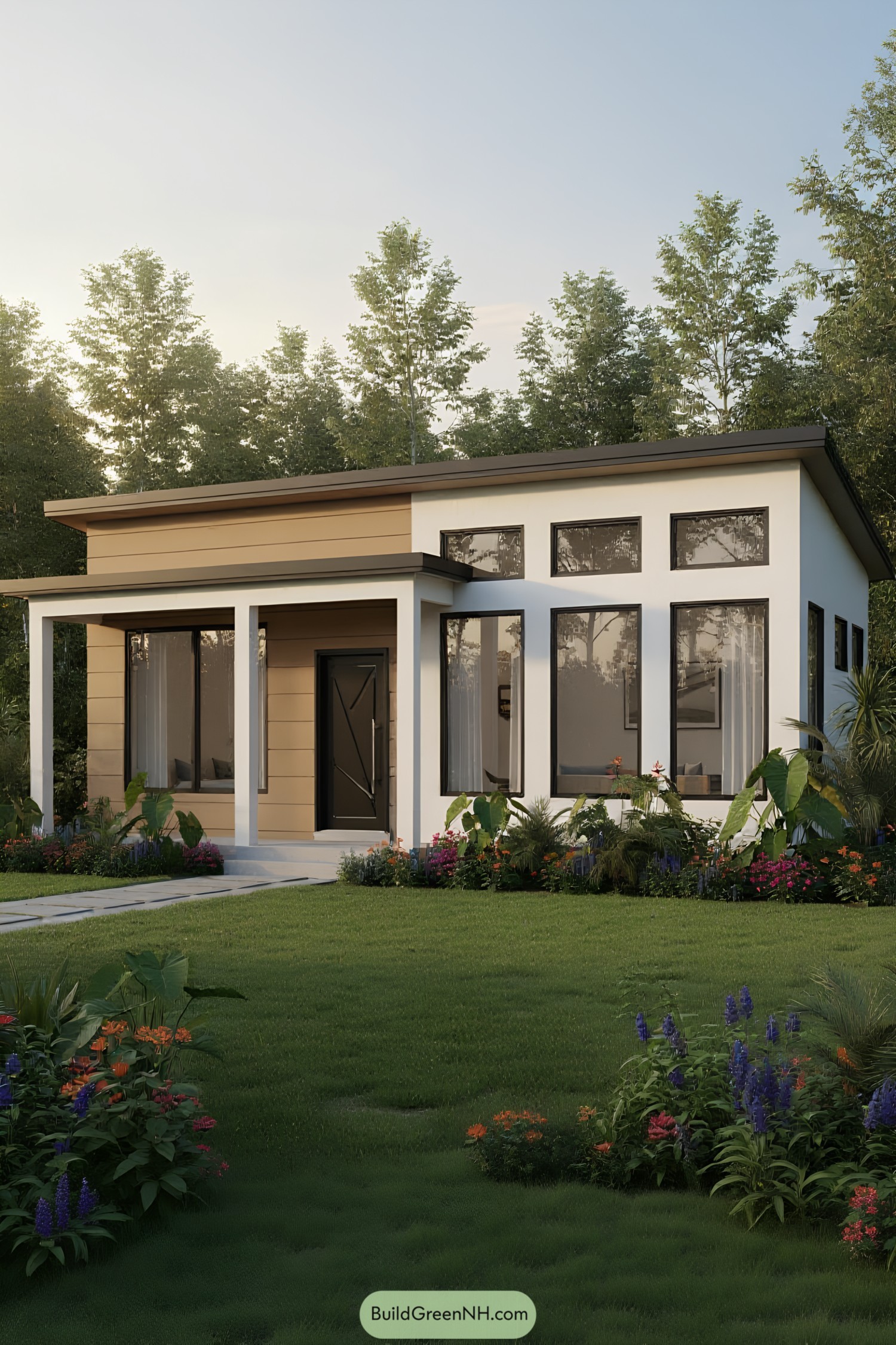 Modern tiny house with garden and deck