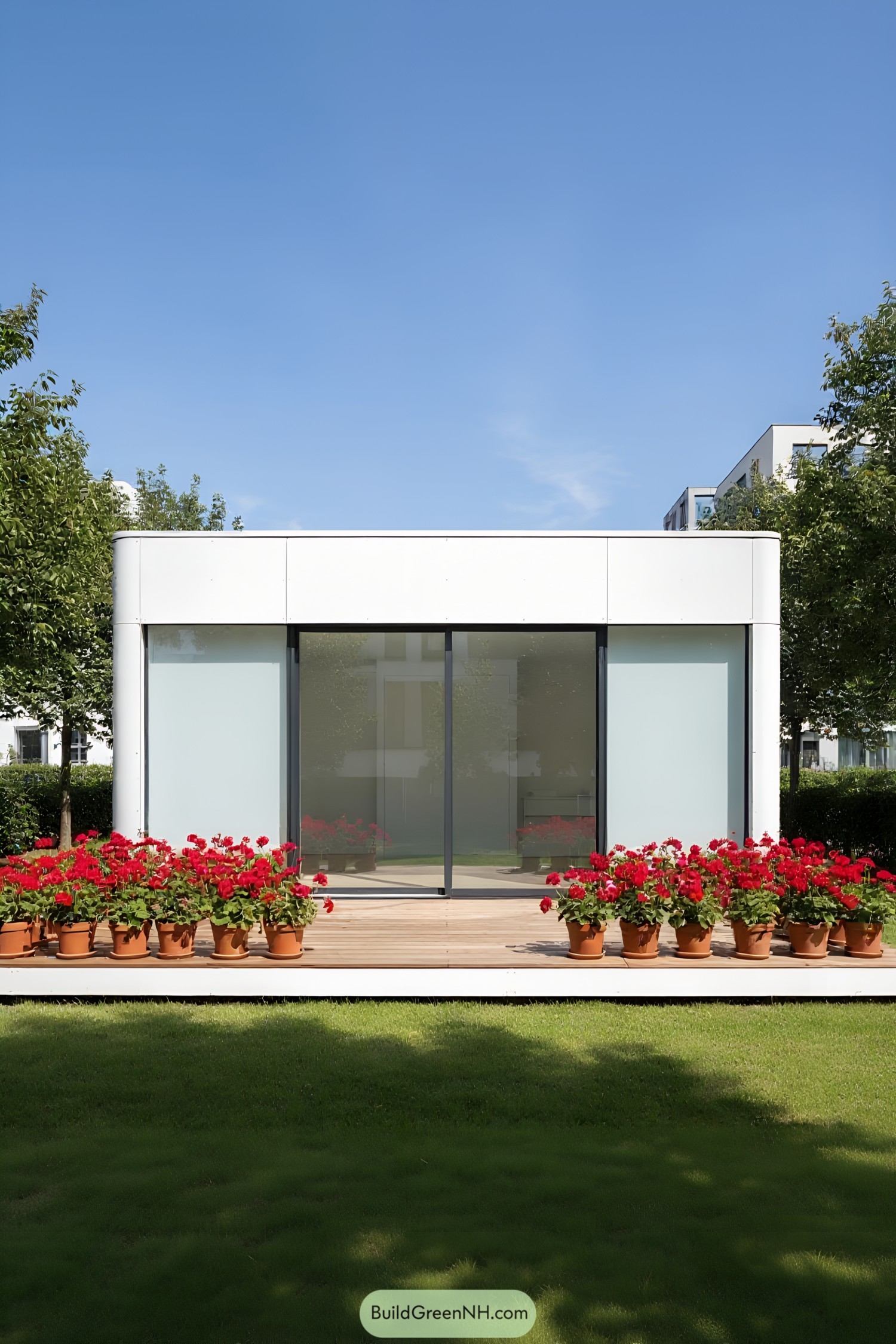 Modern tiny house with deck and red flower pots