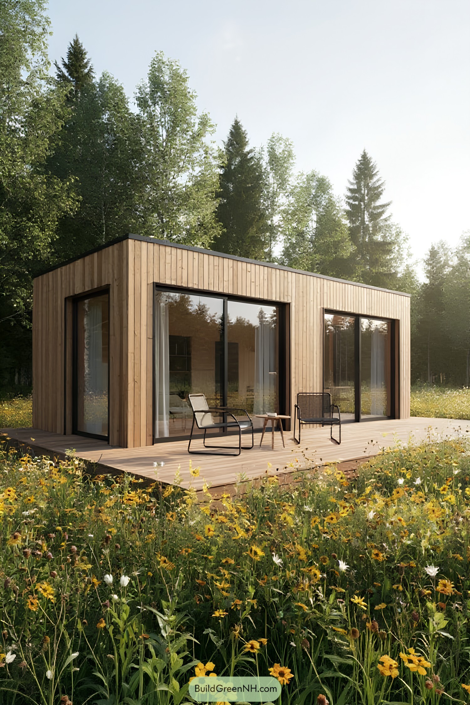 Modern tiny house with a deck and wildflowers