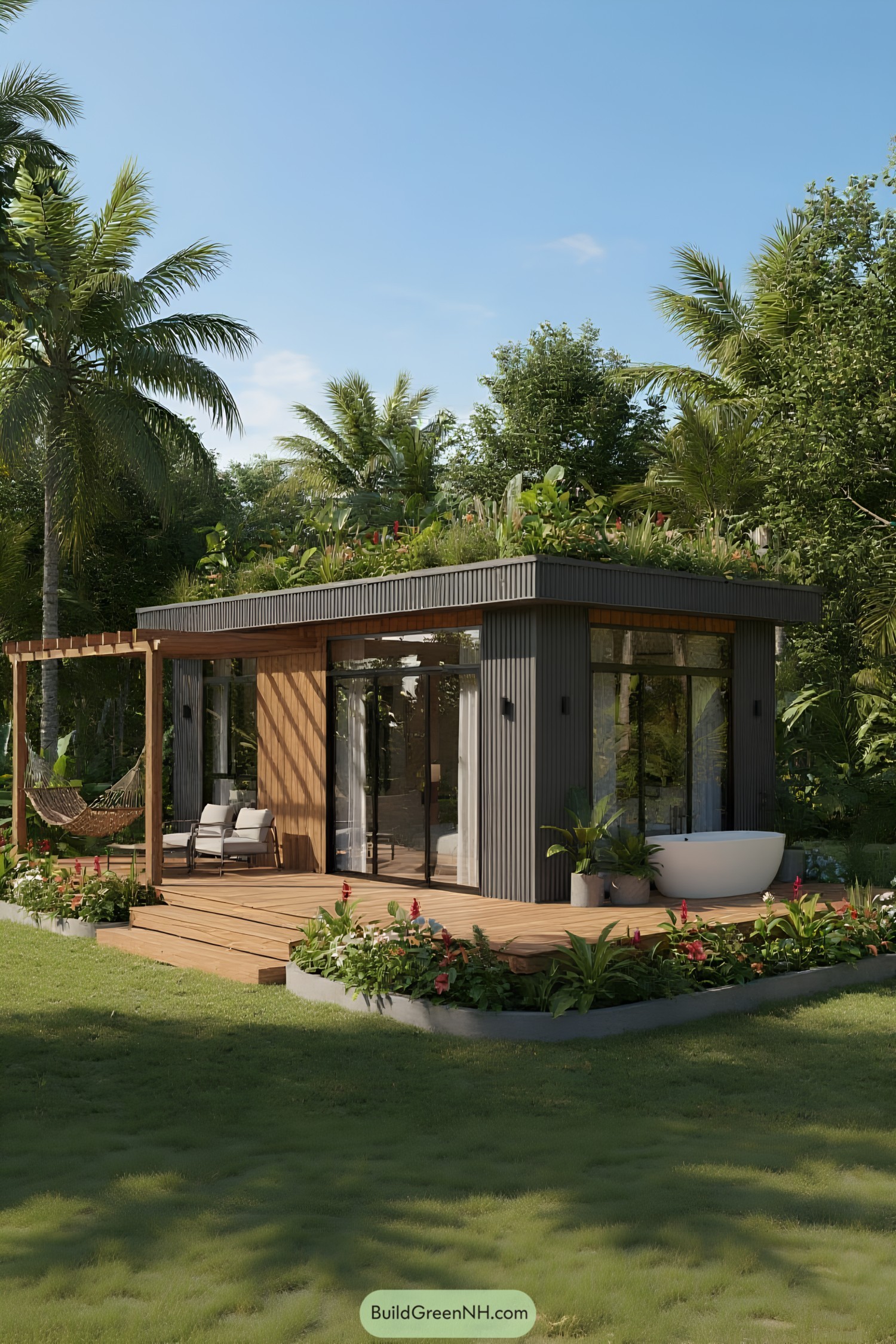 Tiny house with a deck and rooftop garden surrounded by lush vegetation