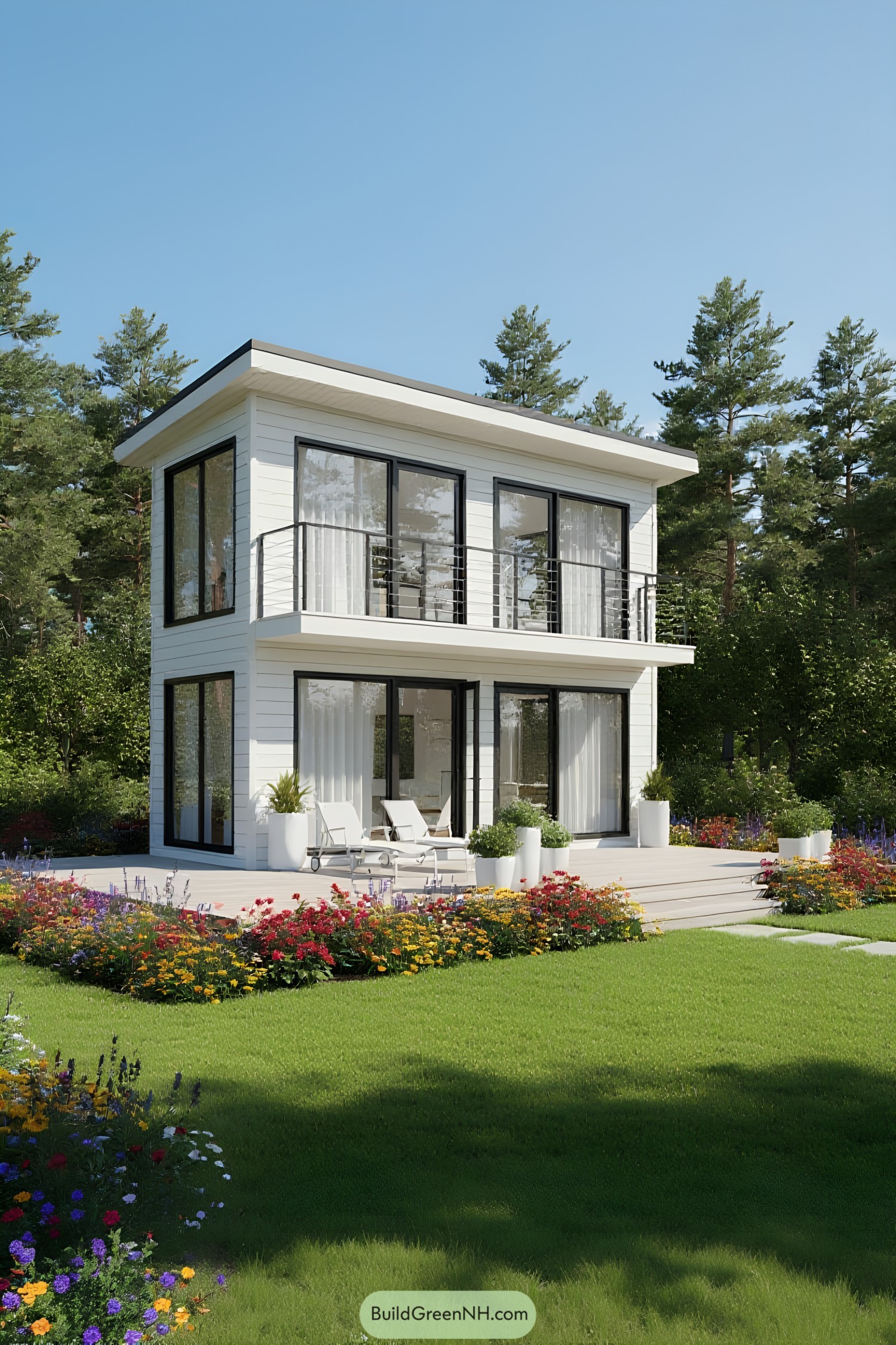 Modern tiny house with deck and flower garden