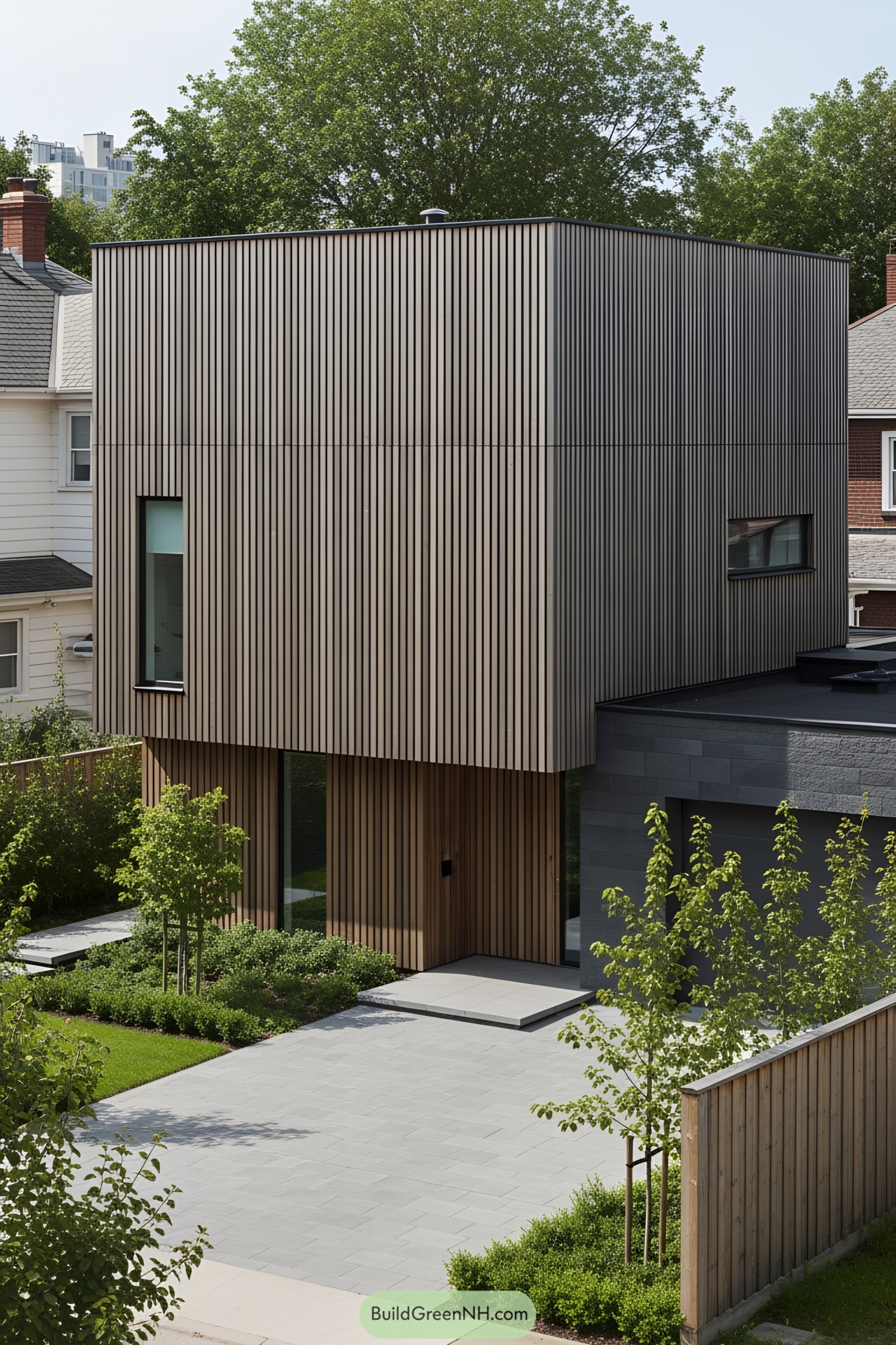 Modern house with vertical wooden slats and lush greenery