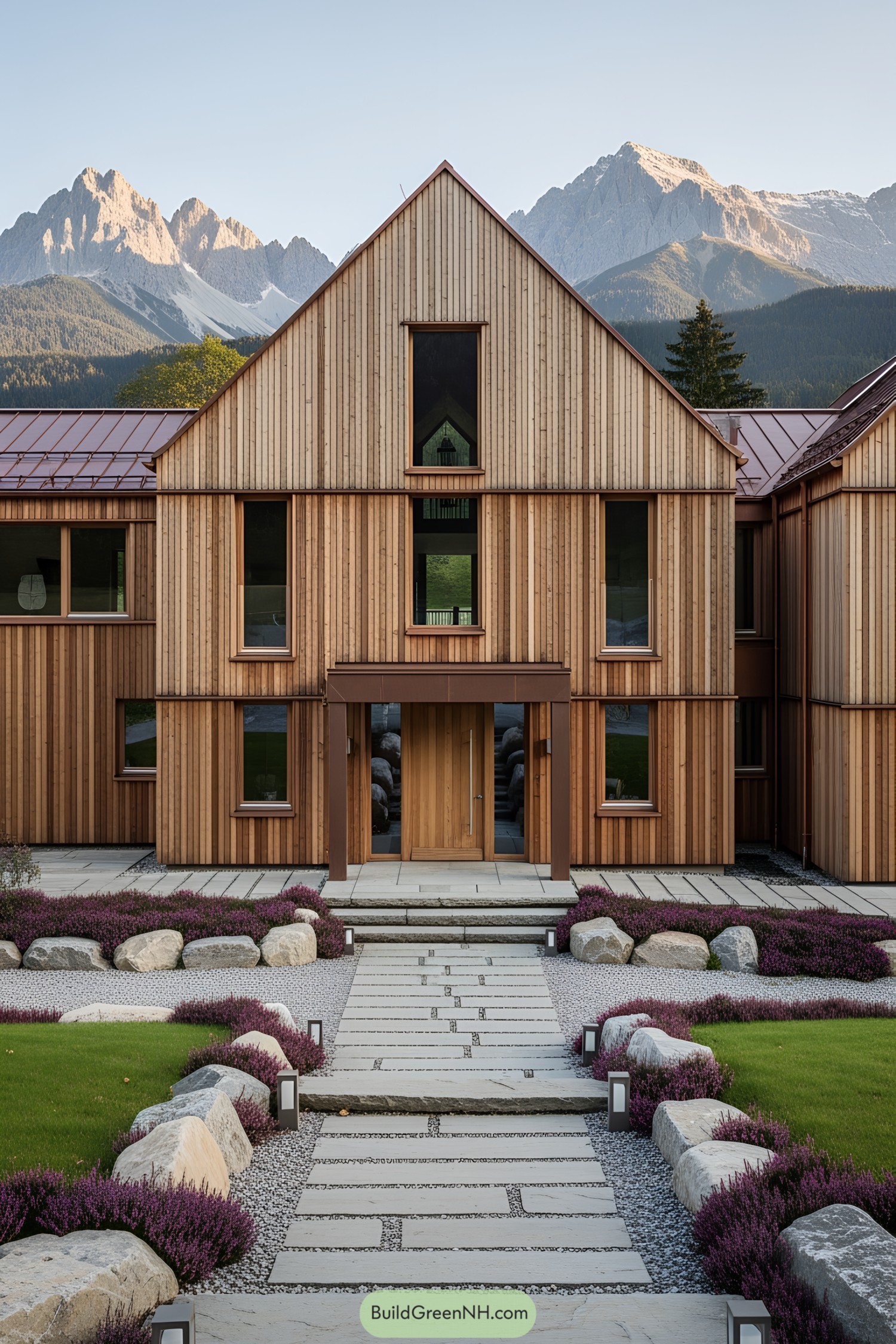 Modern wooden house set against a mountain backdrop