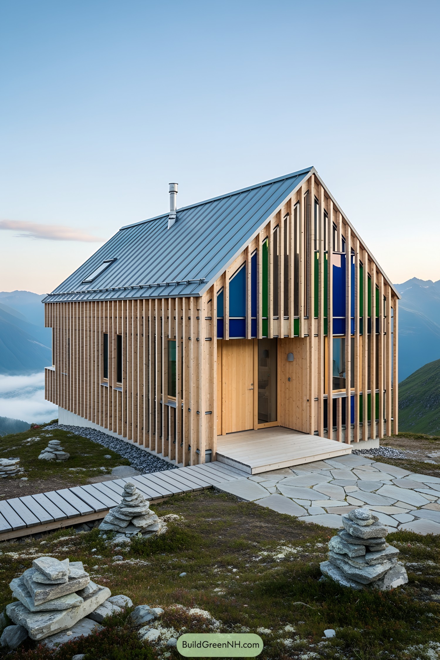 Modern wooden house perched on a mountainside