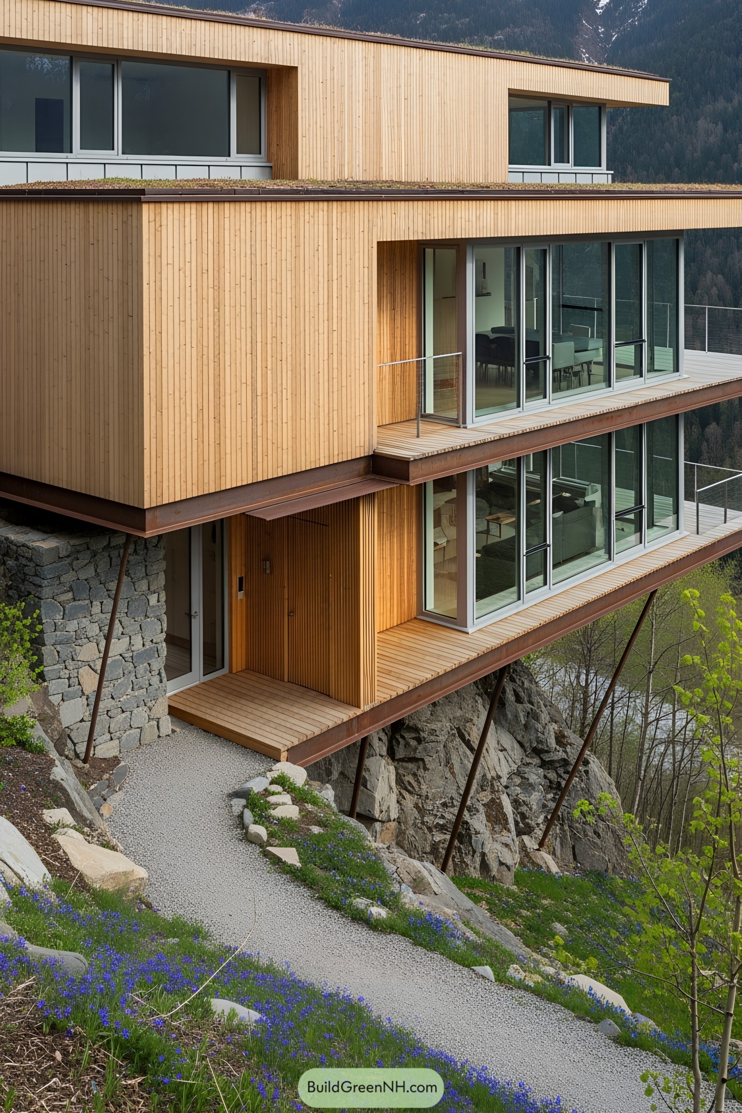 Contemporary wooden house perched on a mountain slope