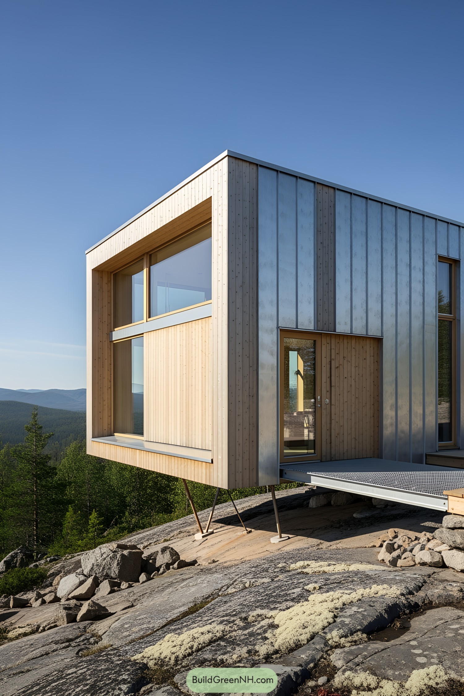 Modern wooden house in the mountains on stilts