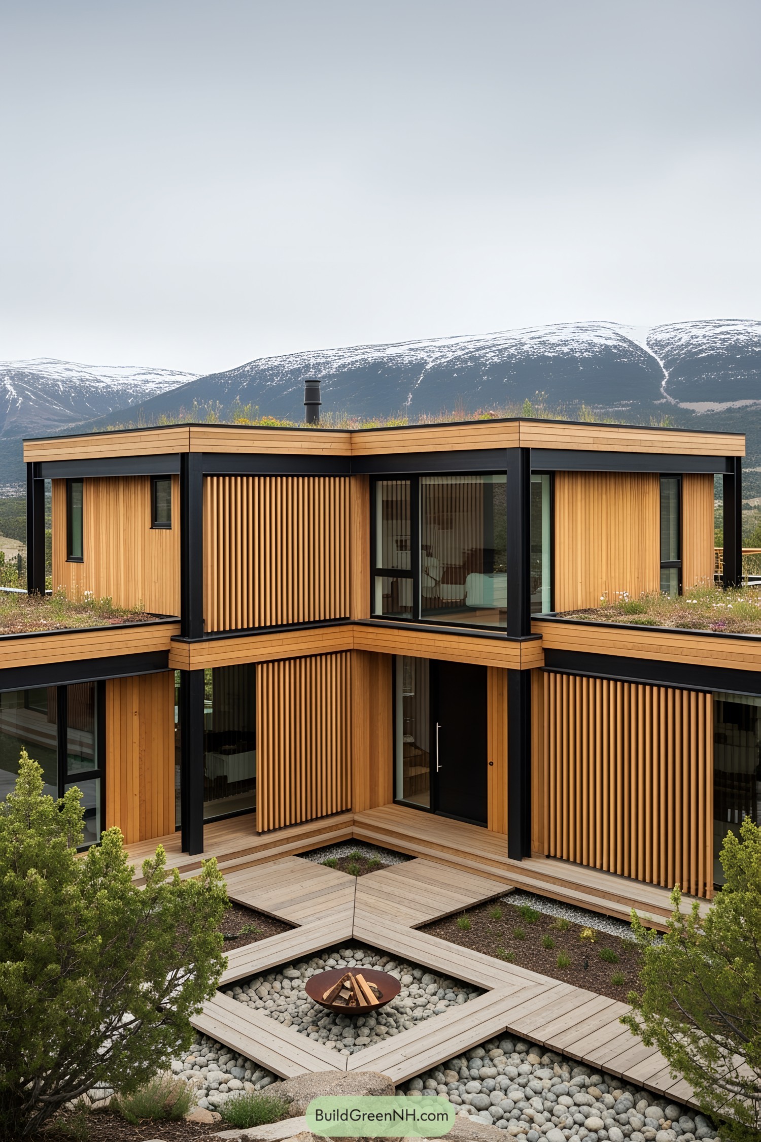 Modern wooden house with mountains