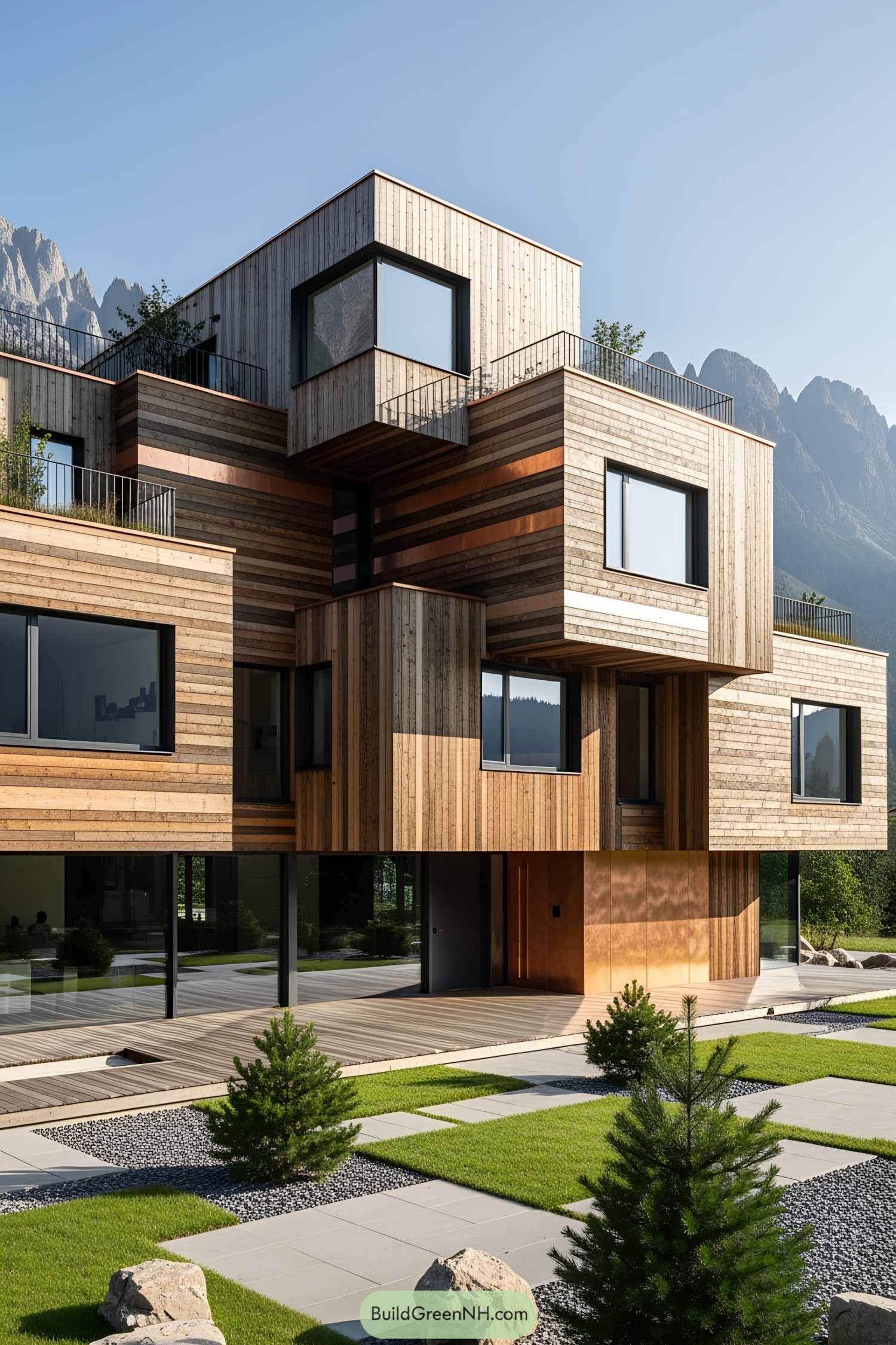 Modern wooden house with mountain backdrop