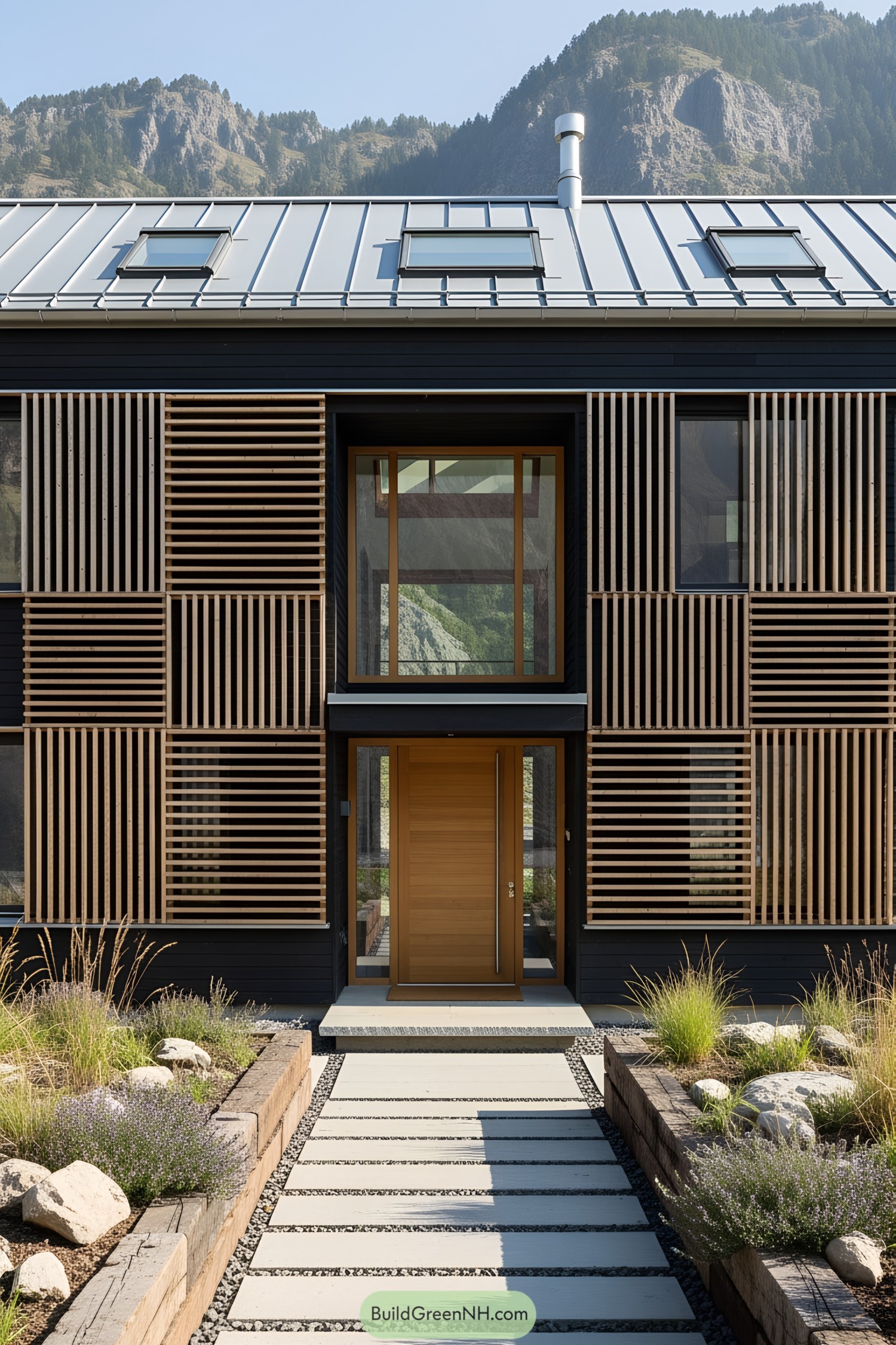 Modern wooden house nestled in a mountain landscape