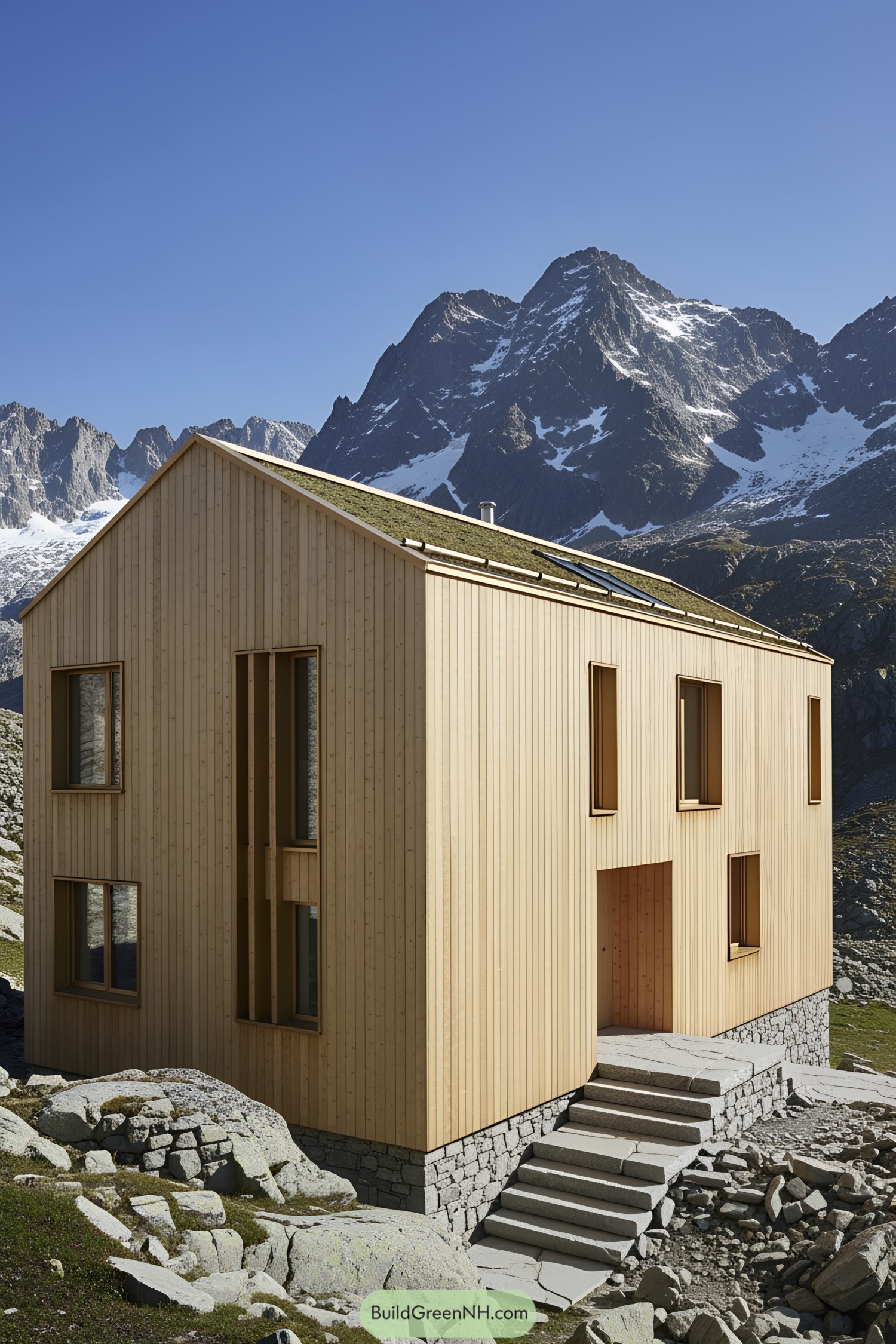 Wooden house in a mountain setting, with snow-capped peaks