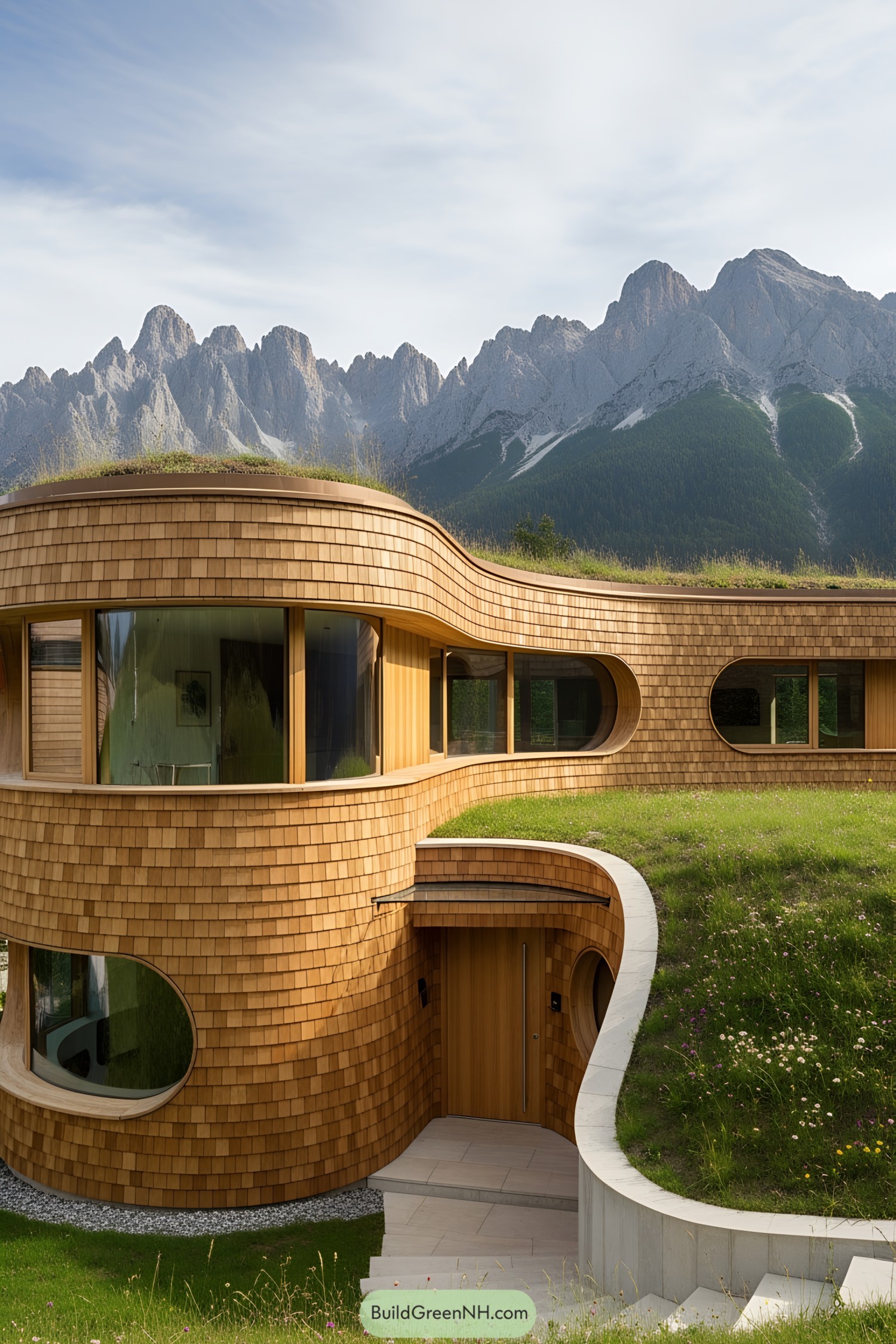 Modern wooden house with a curved design nestled in the mountains