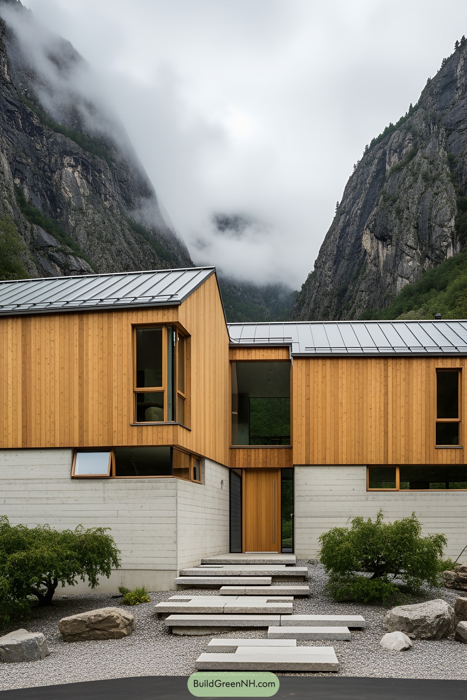 Modern wooden house in misty mountains
