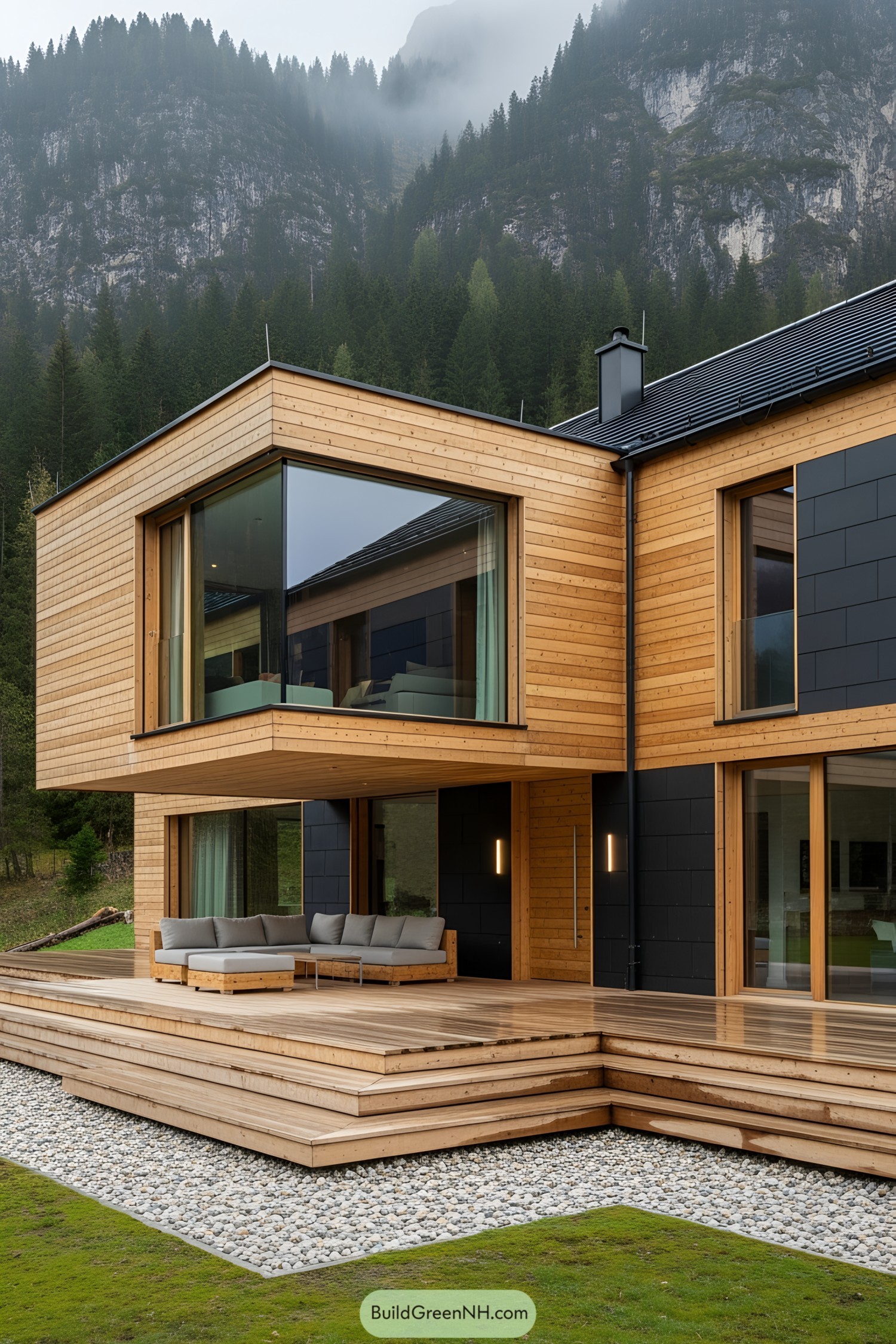 Modern wooden house nestled in a mountain landscape, featuring large glass windows and a spacious deck