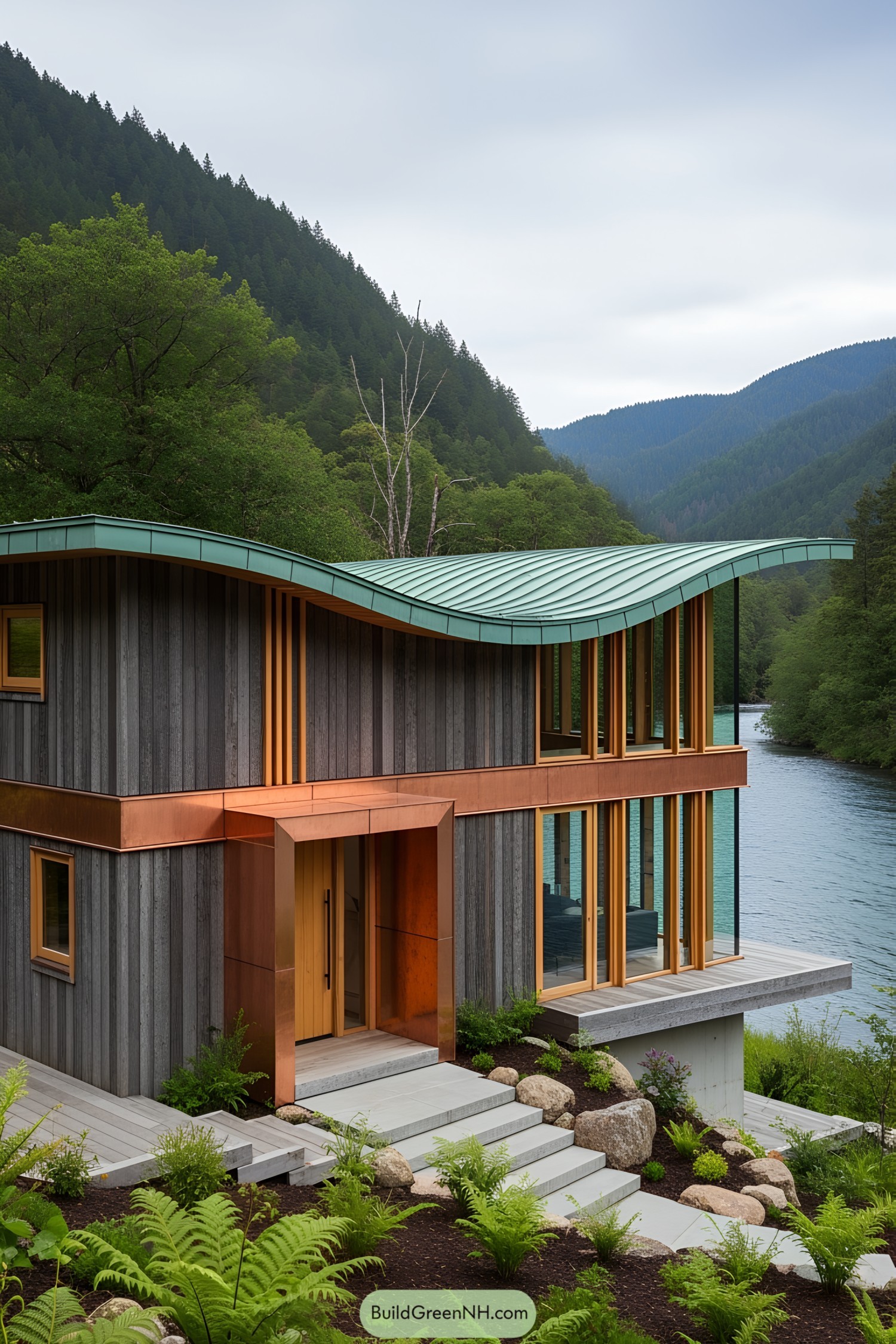 Modern wooden house with a curved roof by a river in the mountains