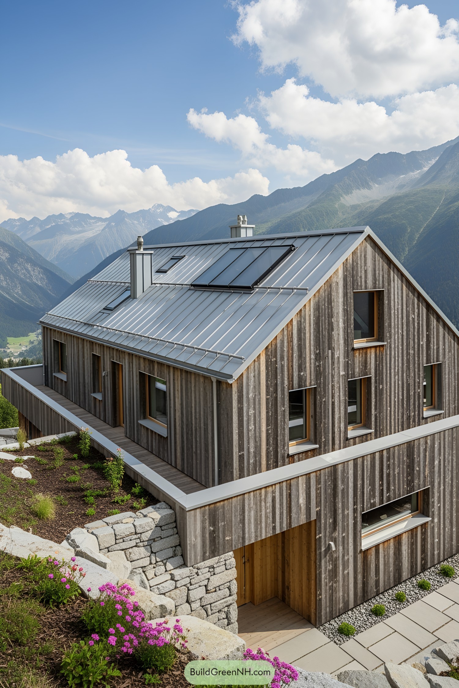 Modern wooden house in the mountains with solar panels