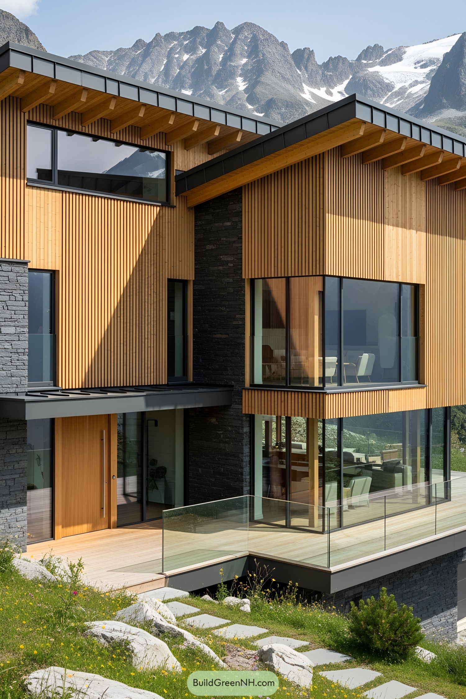 Contemporary wooden house with glass and stone elements in a mountain setting