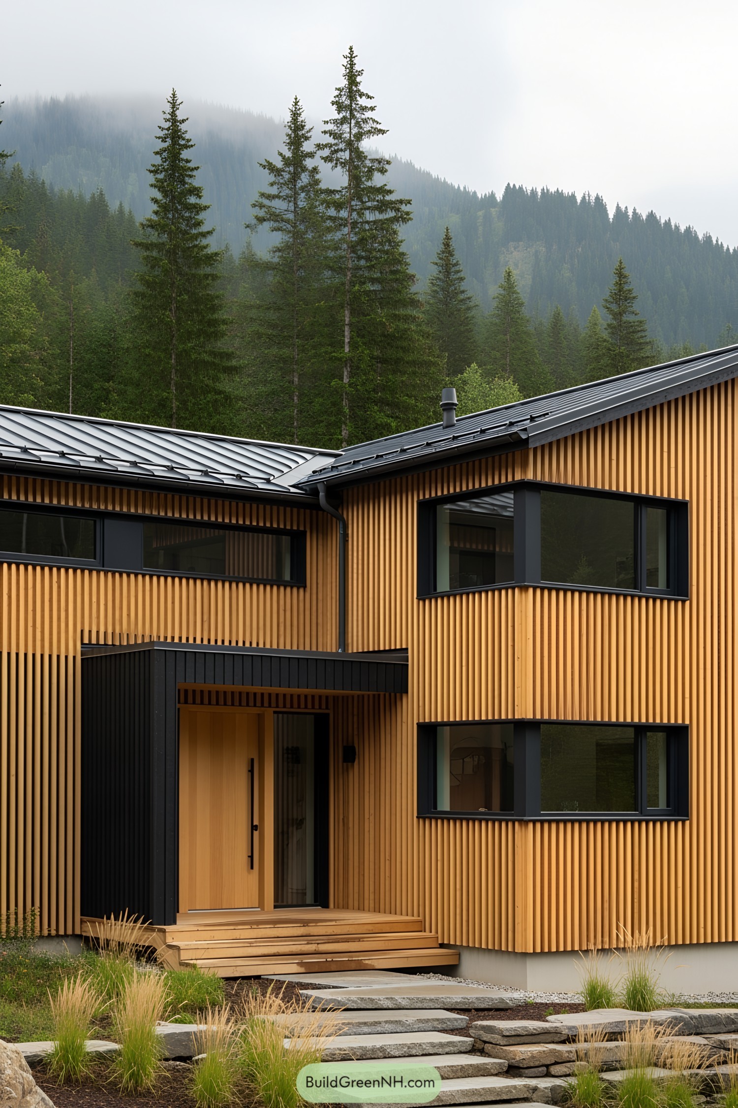 Modern wooden house in a mountainous landscape with fog