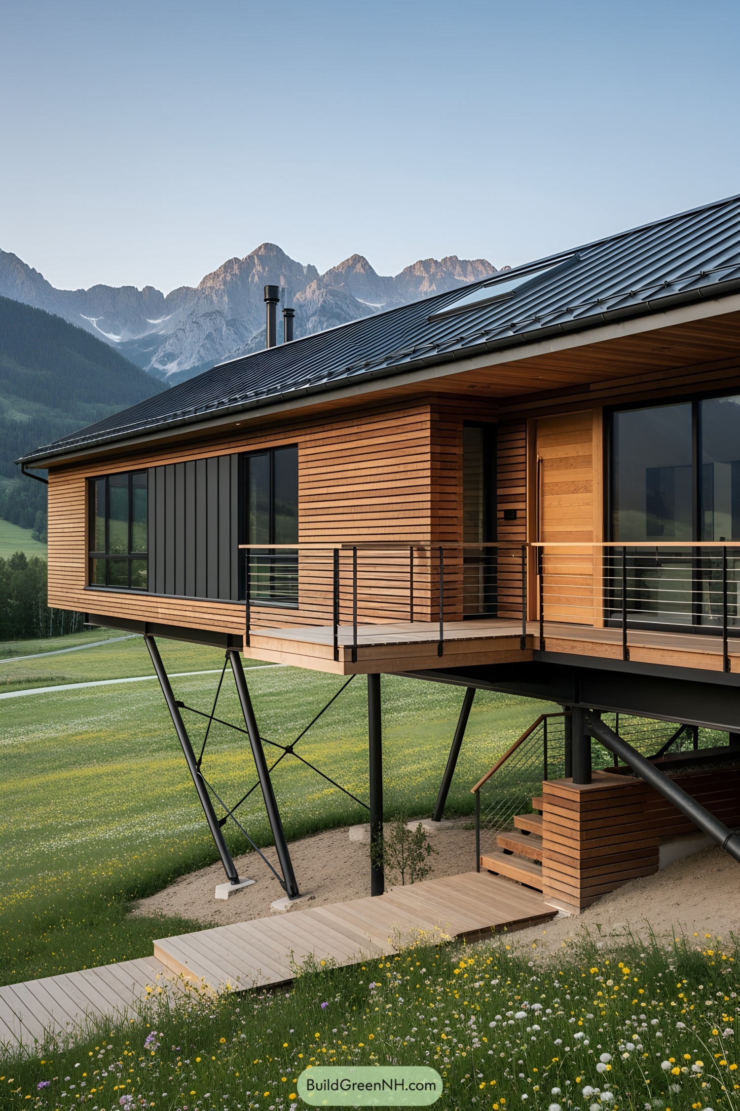 Modern wooden house elevated in a mountain landscape