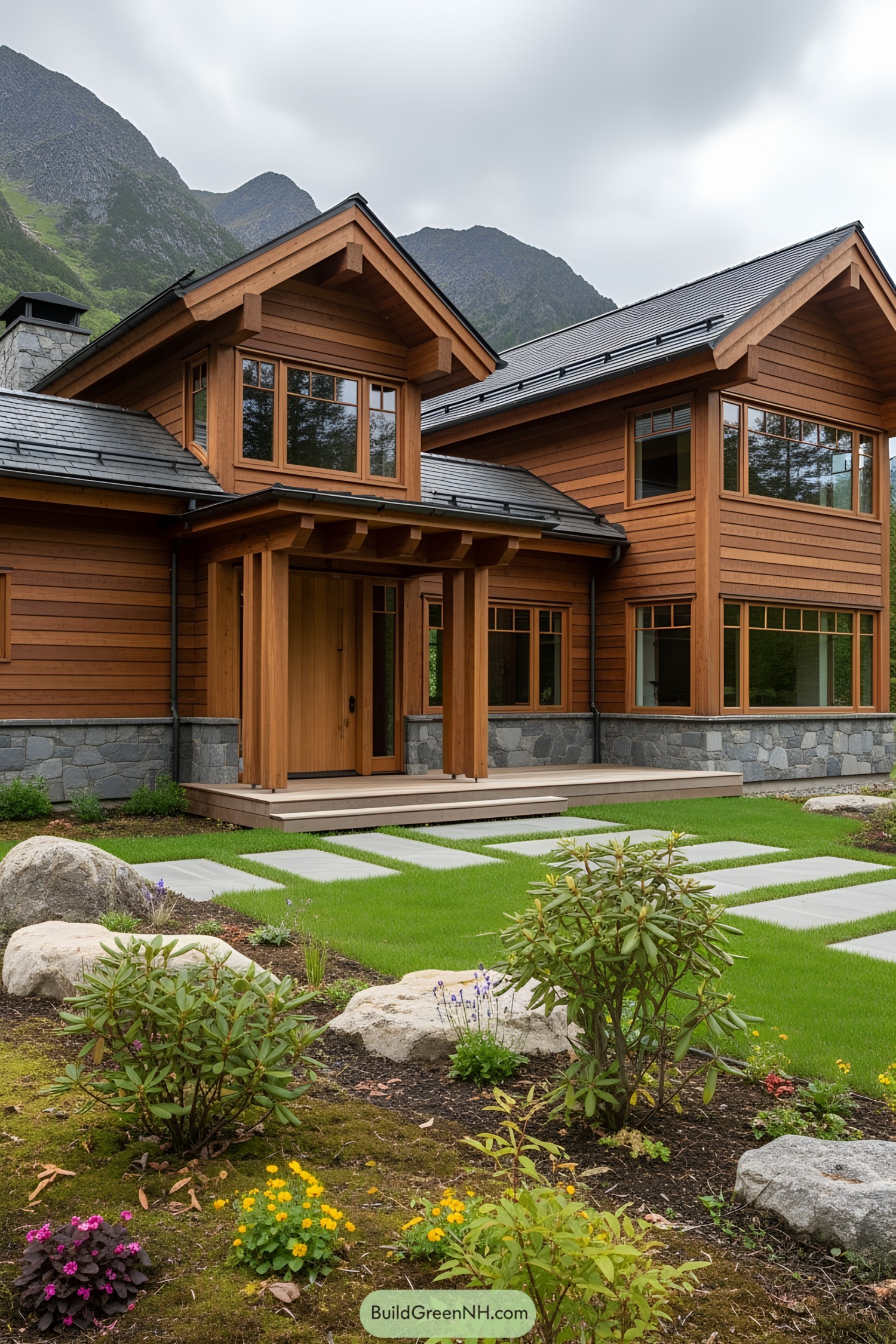 Modern wooden house with mountains in the background