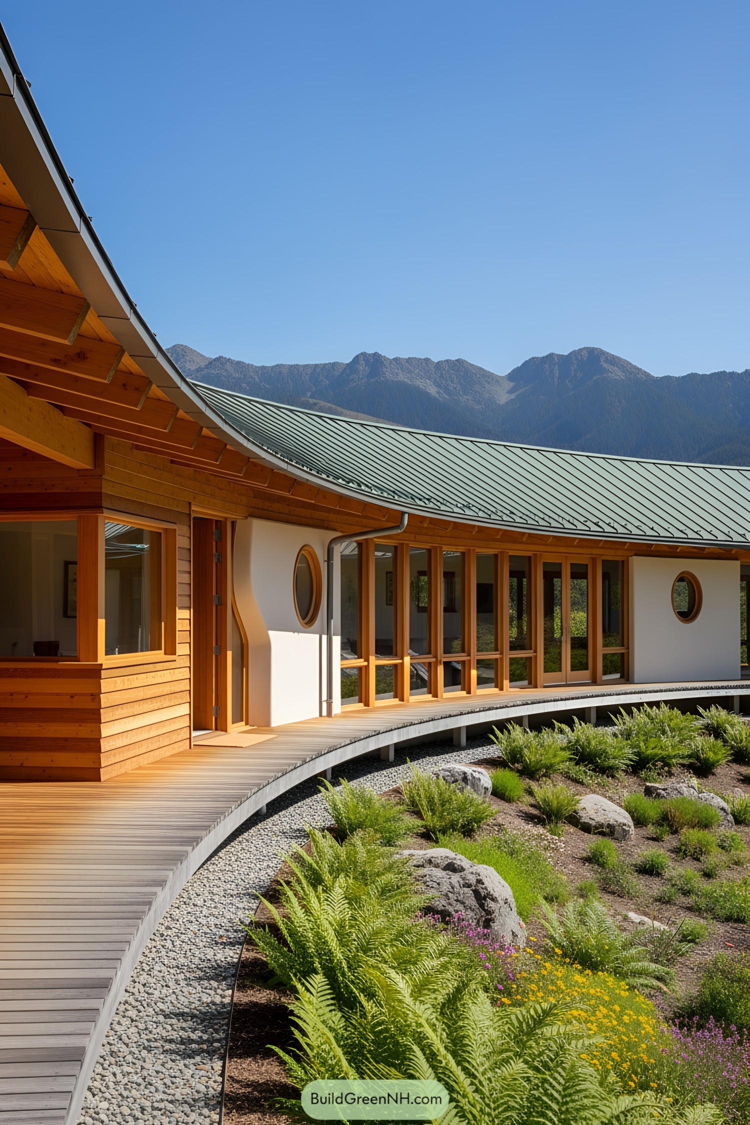 Wooden house with curved roof in mountain setting