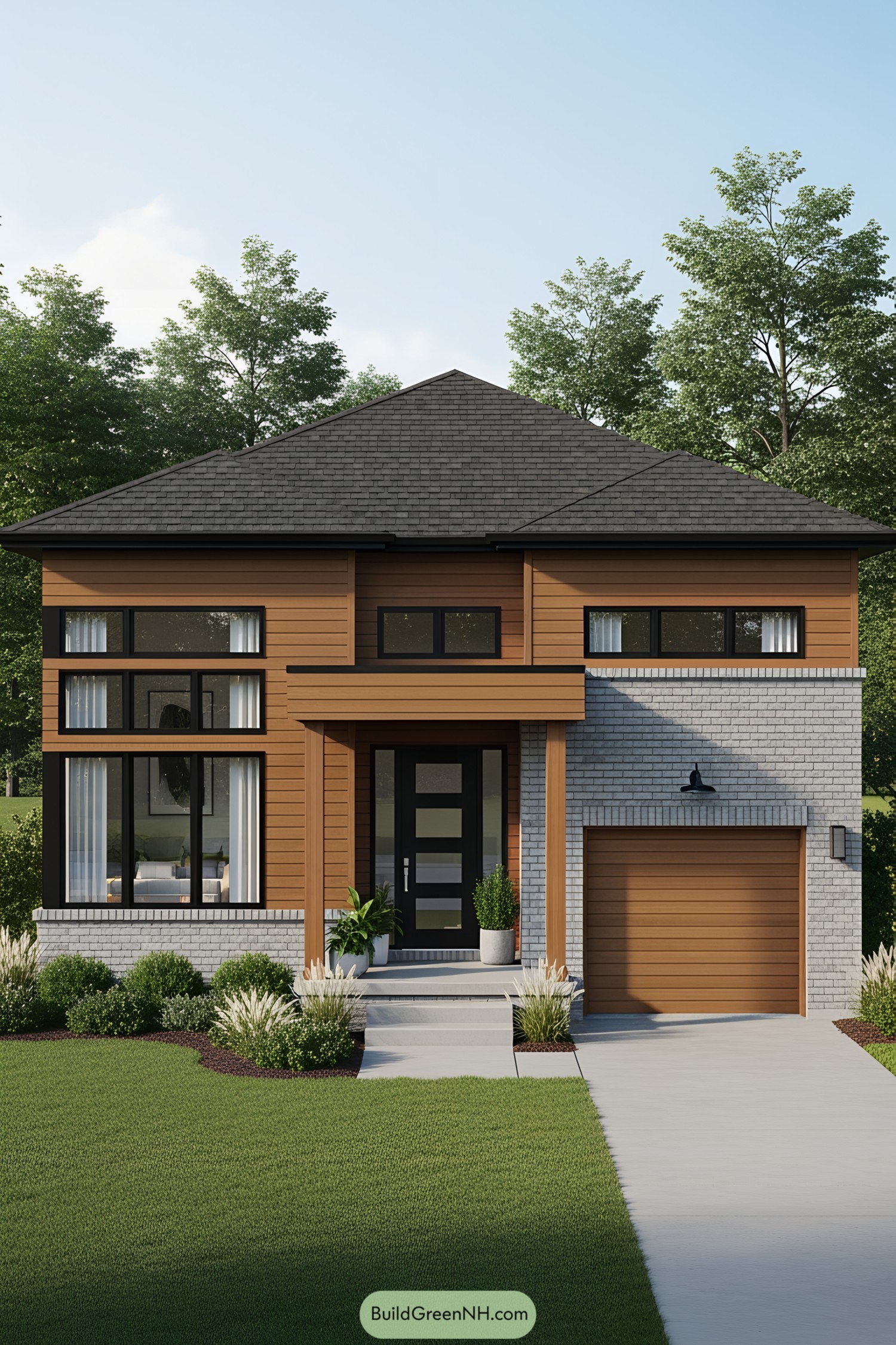 Modern two-story house with wooden accents and a garage