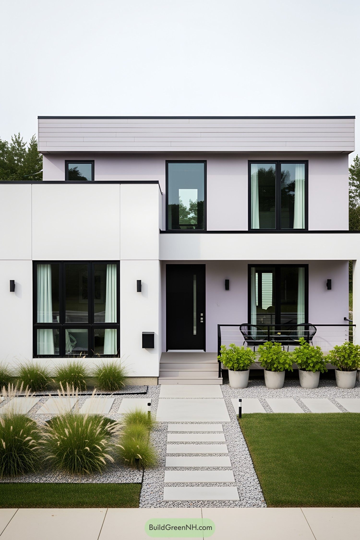 Modern two-story home with large windows and minimalist landscaping