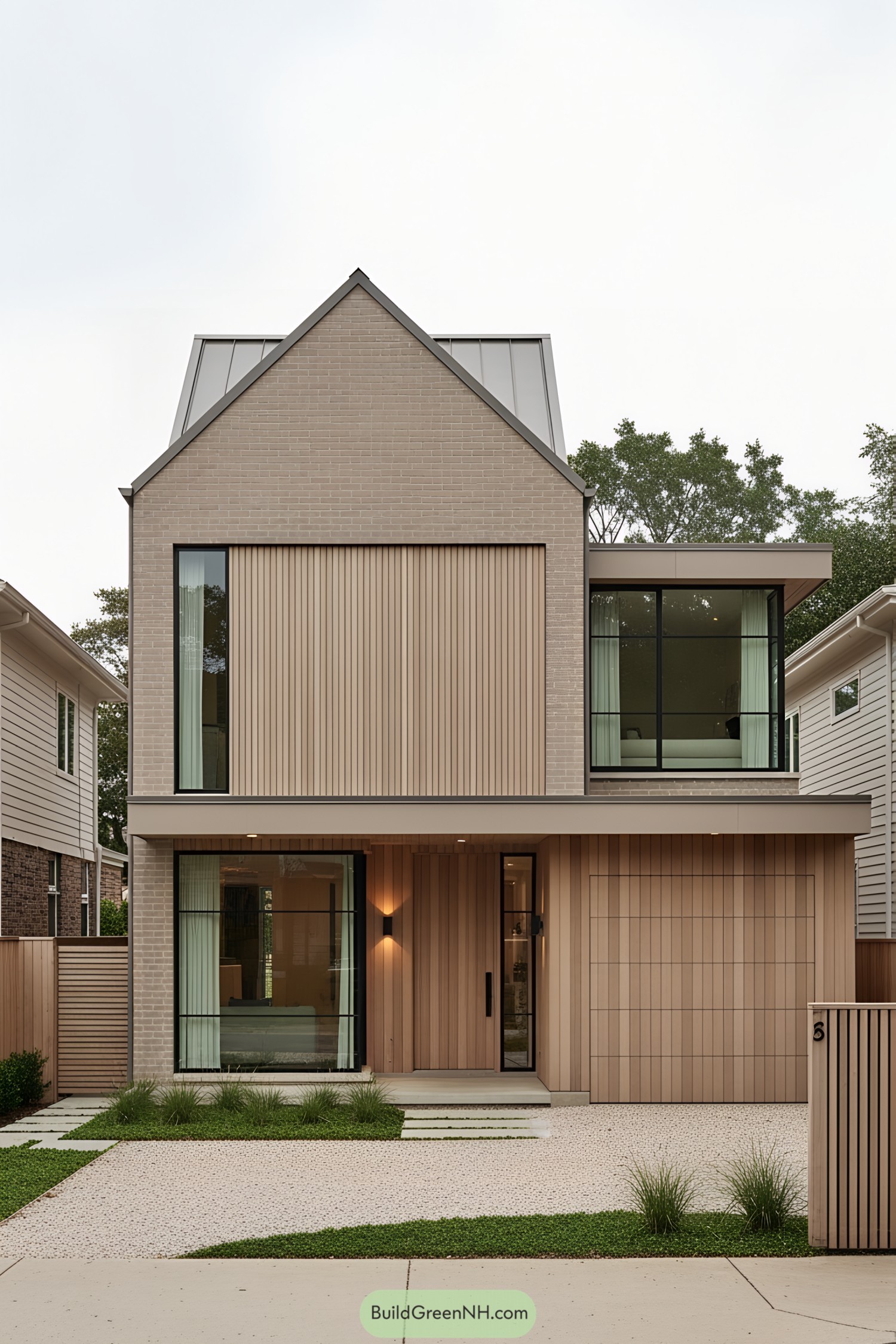 Modern house with wood paneling and large windows
