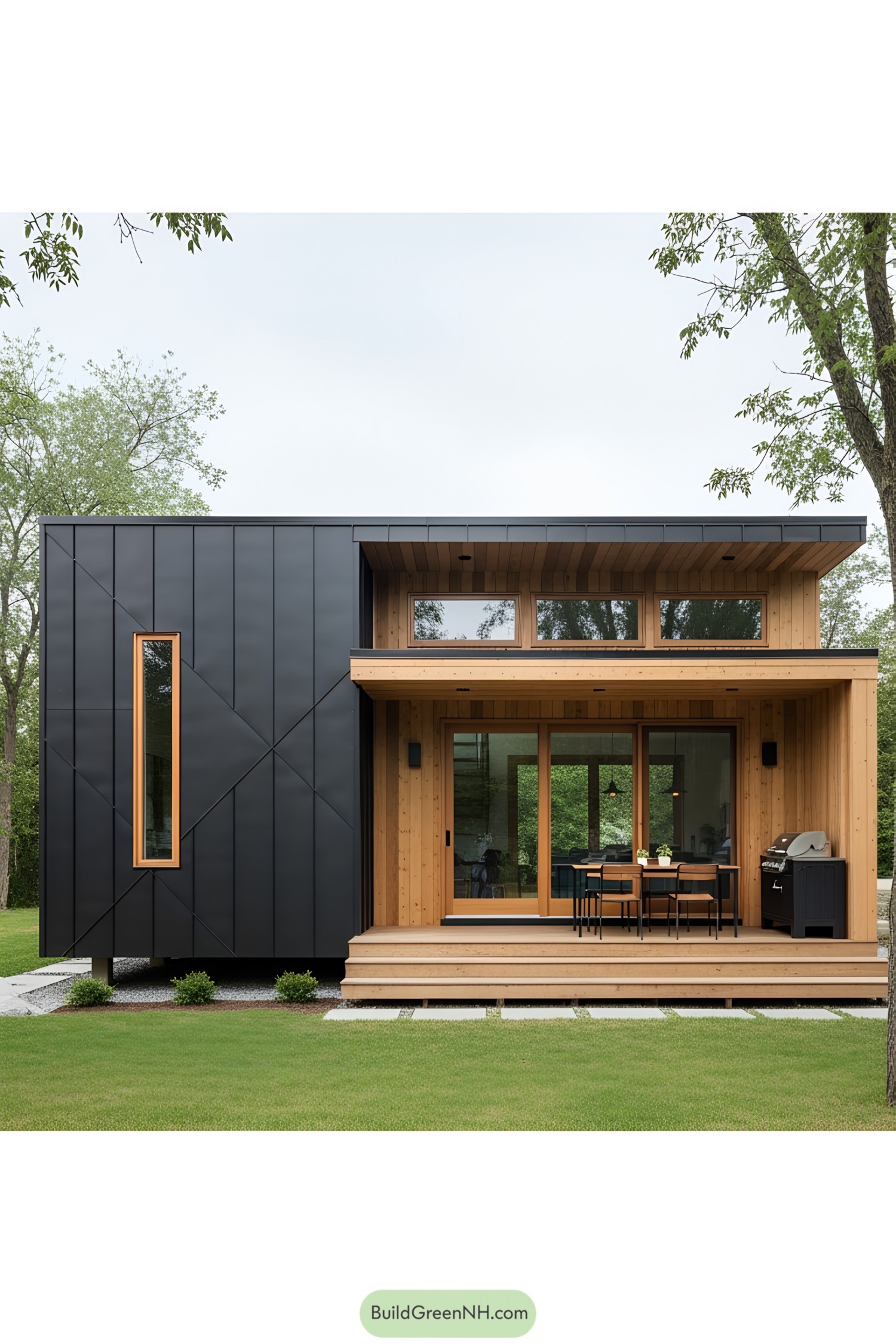 Modern wooden house with sleek black paneling