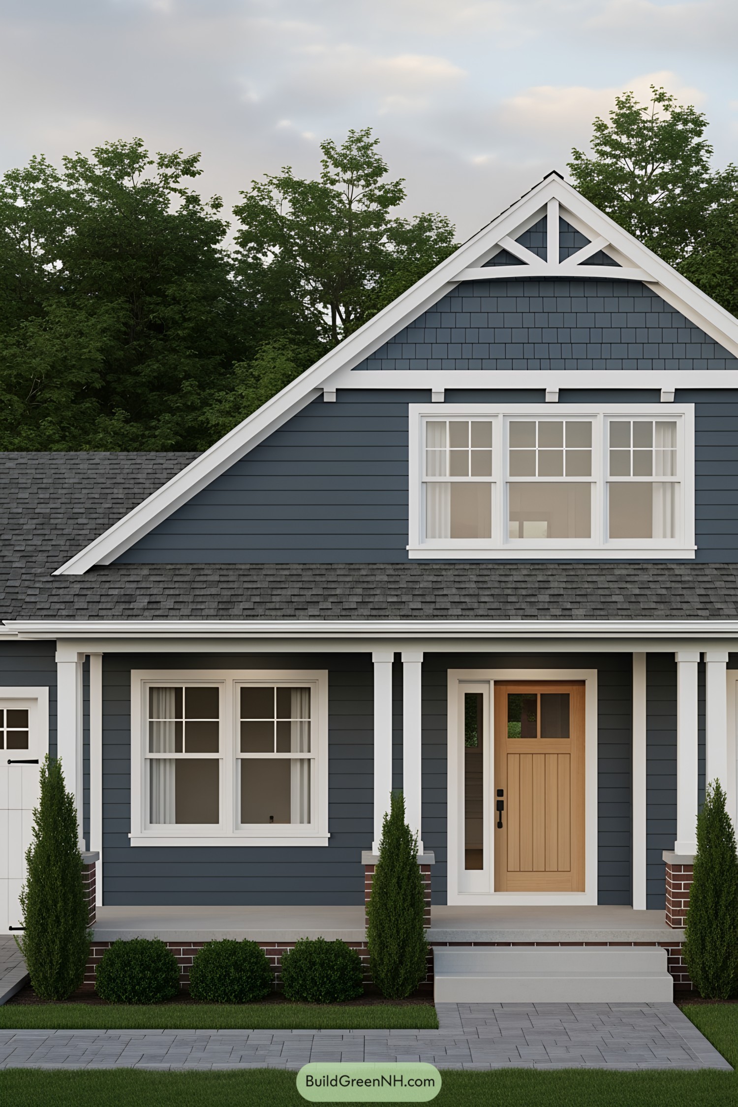 Front view of a quaint blue house with large windows and a cozy porch