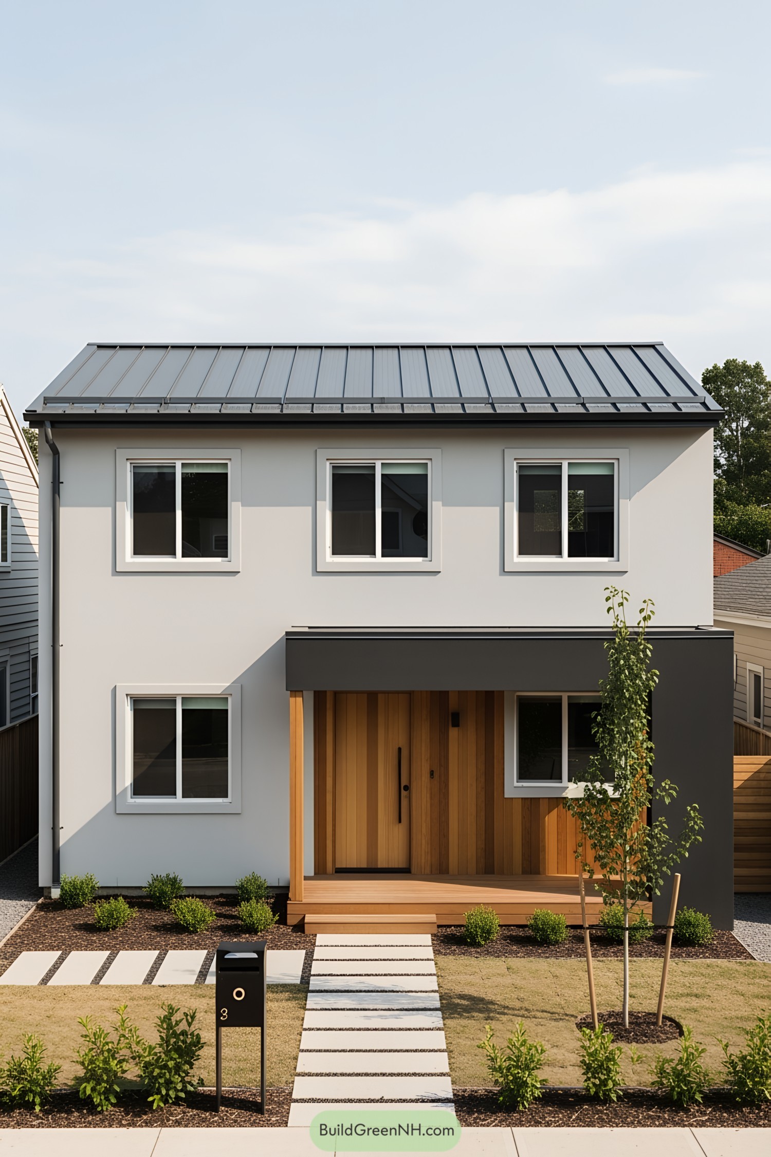 Modern two-story house with wooden accents and a manicured lawn