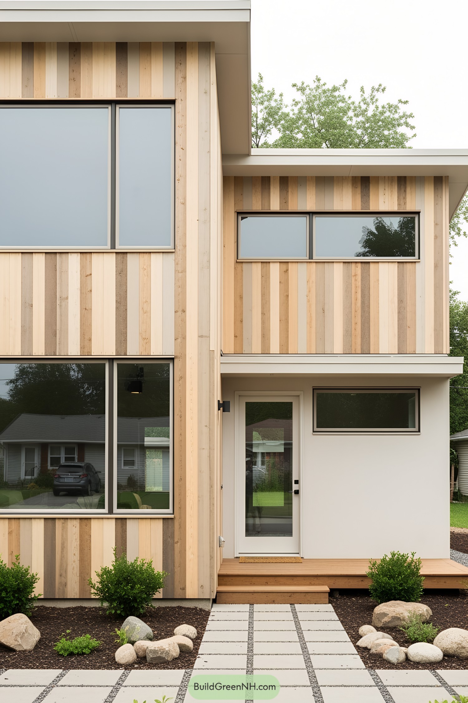 Modern wooden house with large windows and a neat walkway