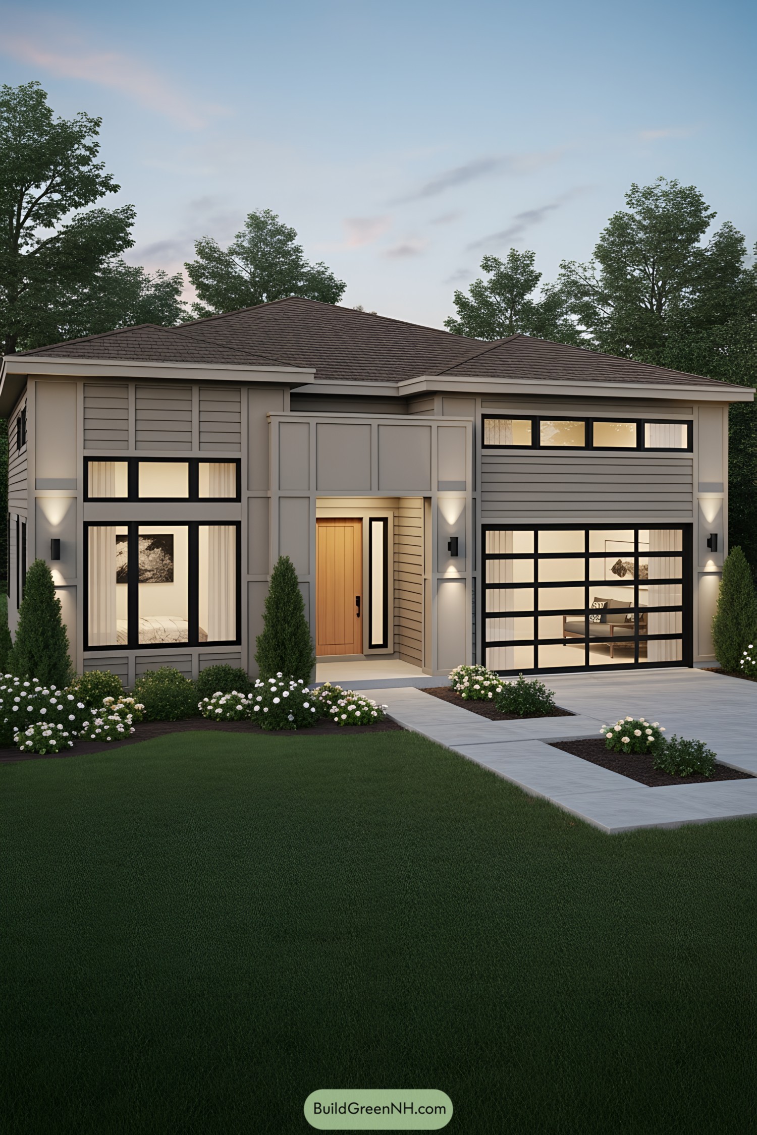 Modern two-story home with a sleek facade and manicured lawn