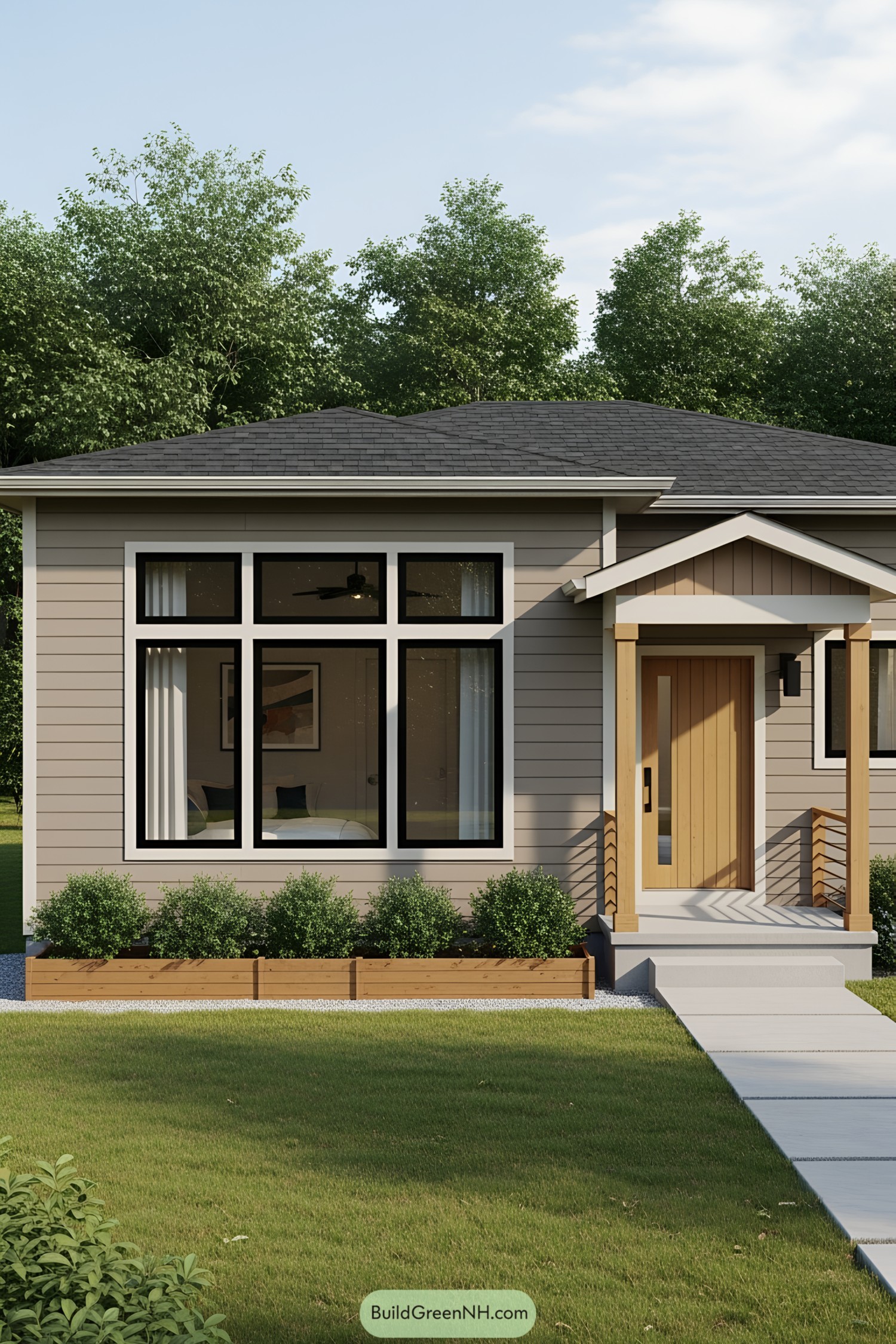 Small home with a wooden entrance and large windows