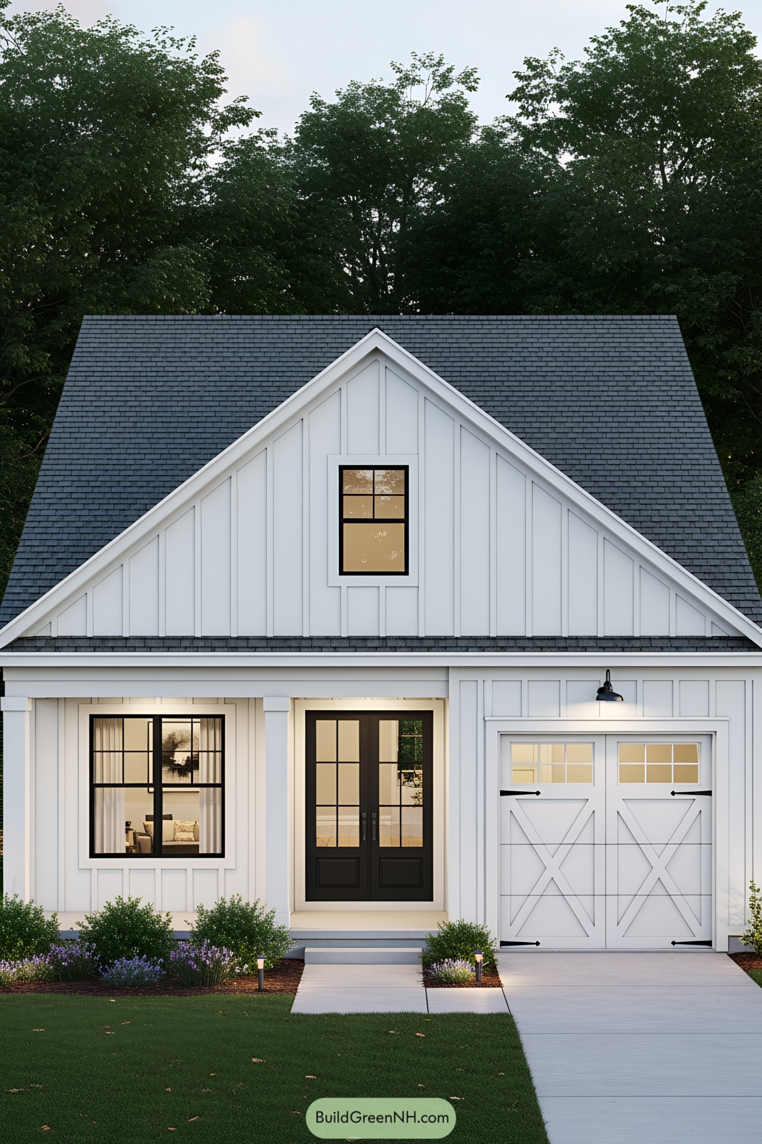Charming white house with gray roof and inviting entrance