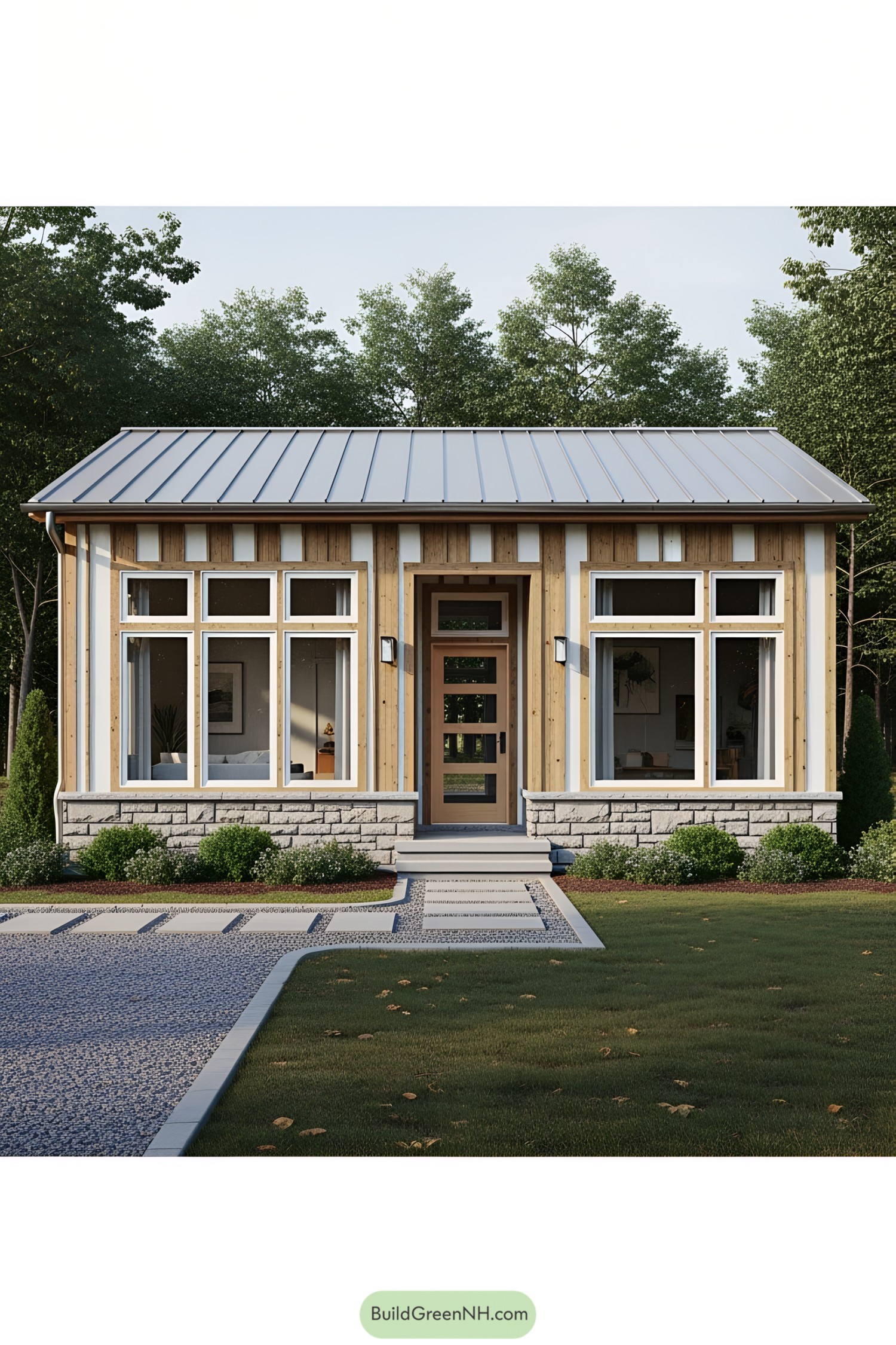 Small house with wooden panels and large windows