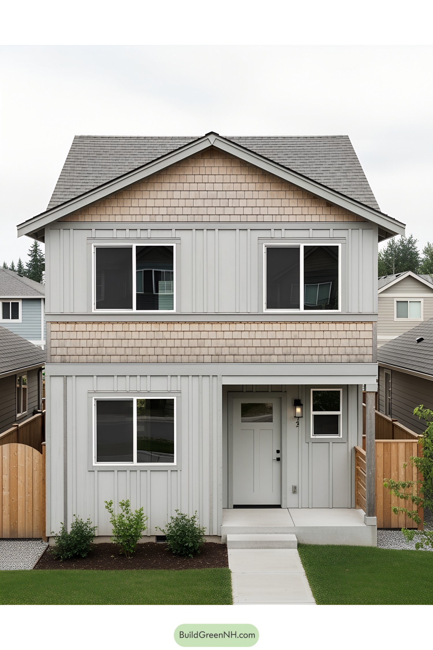 Contemporary grey house with paneling and shingles