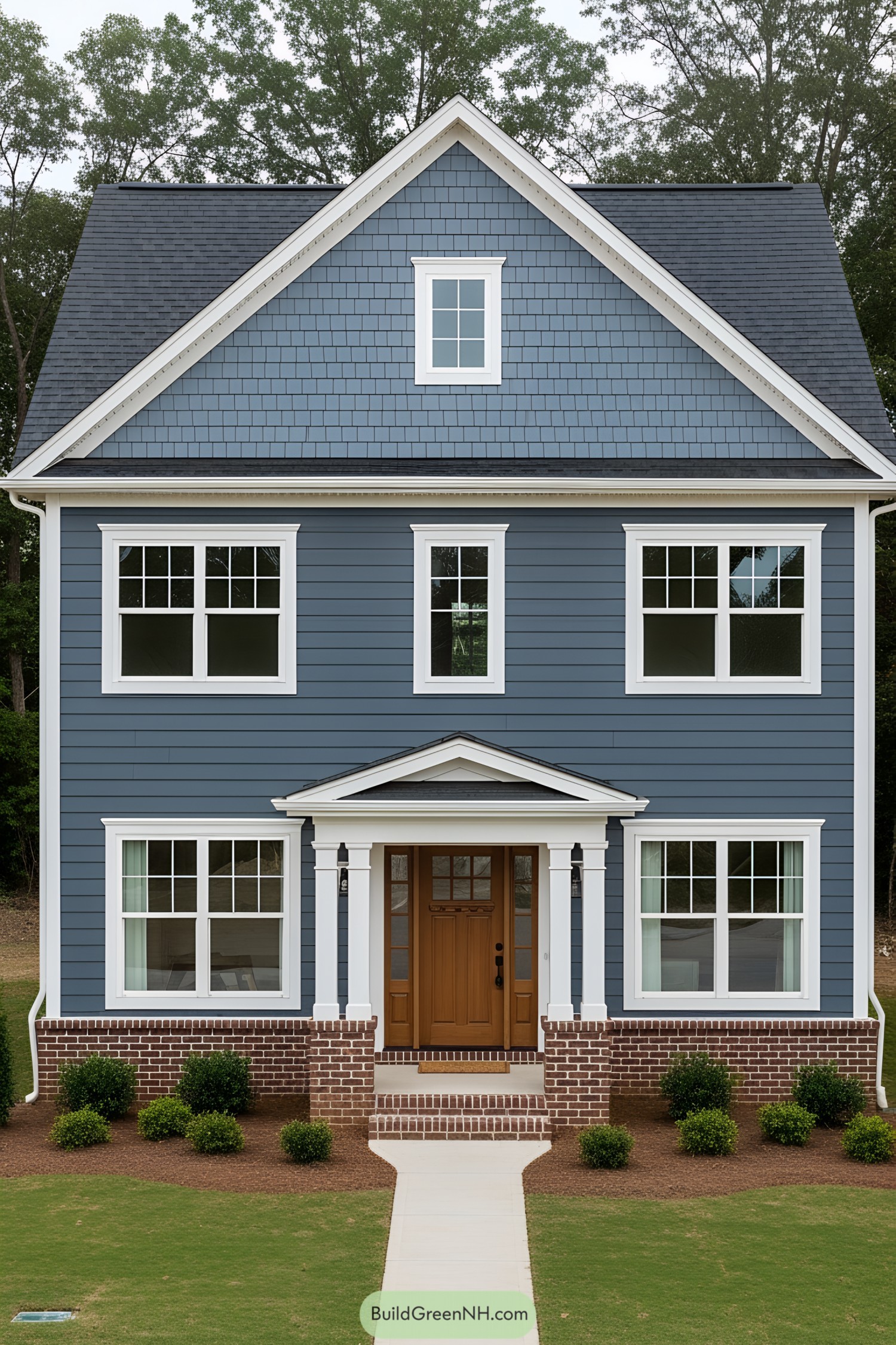 Charming blue house with white trim and a wooden door