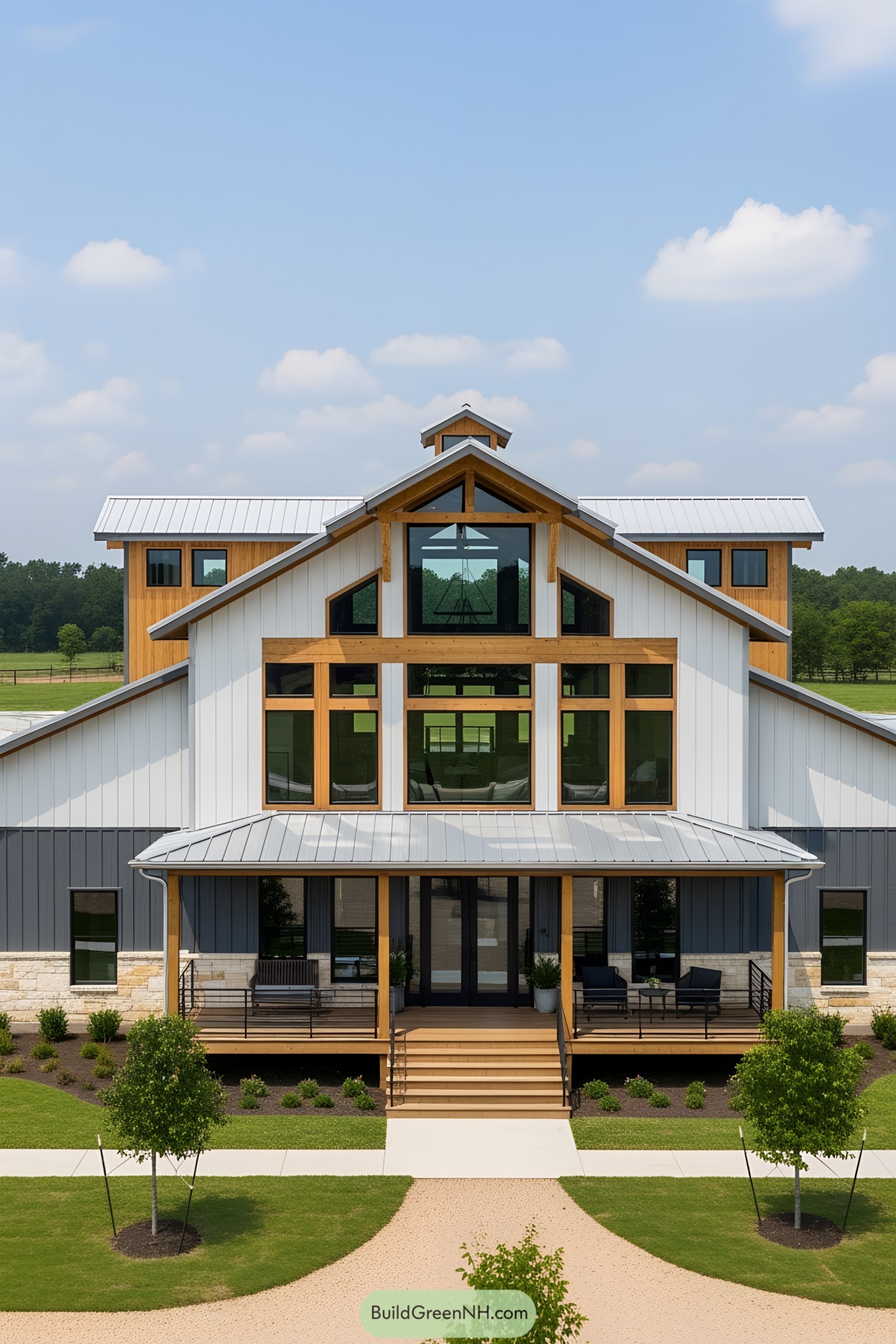 Modern barndominium with expansive windows and metal roof