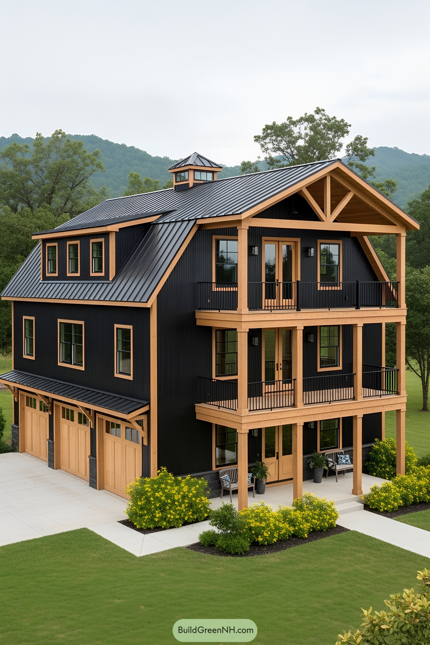 Three-story barndominium with black and wood accents