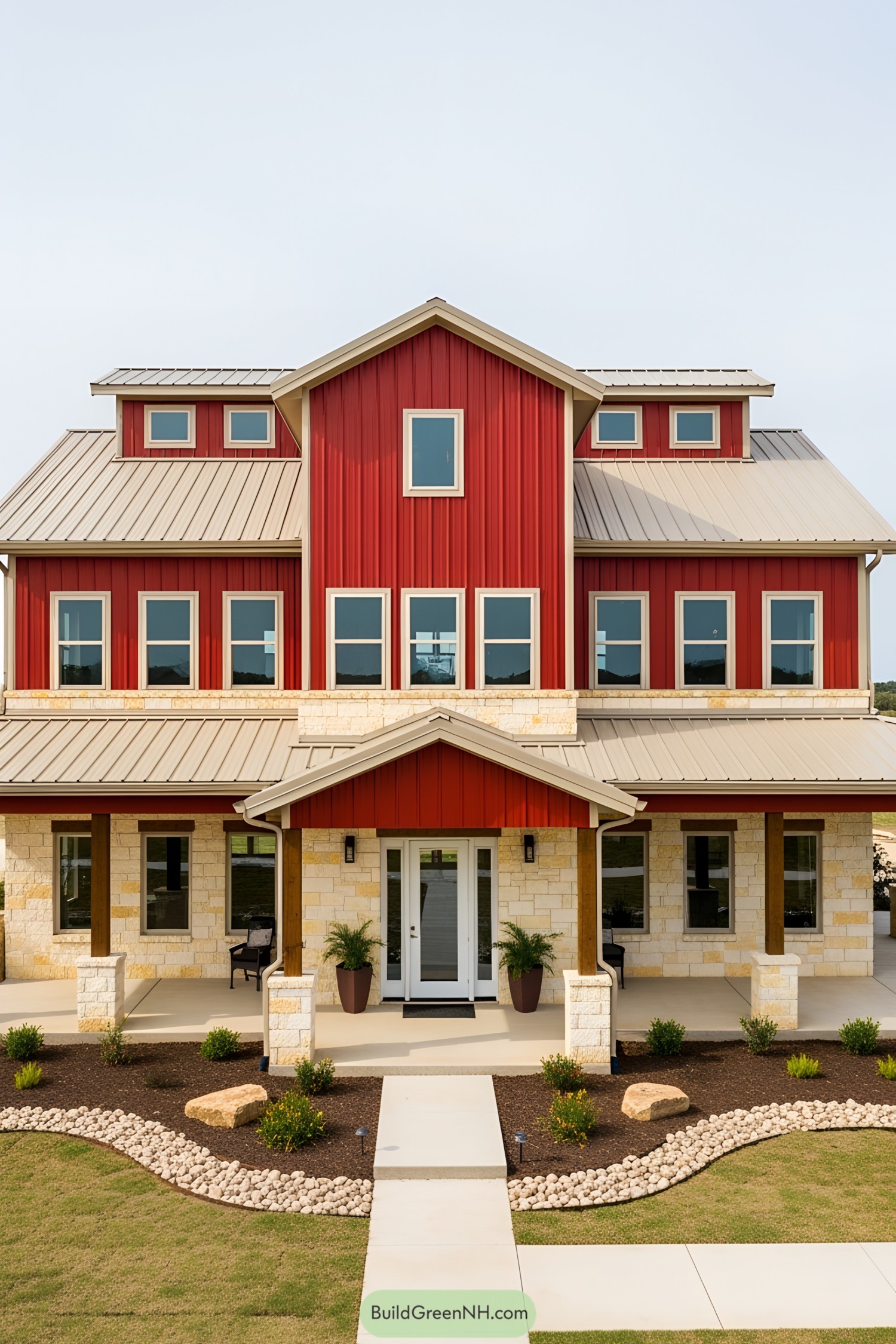 Two-story red barndominium with stone accents and a tidy porch